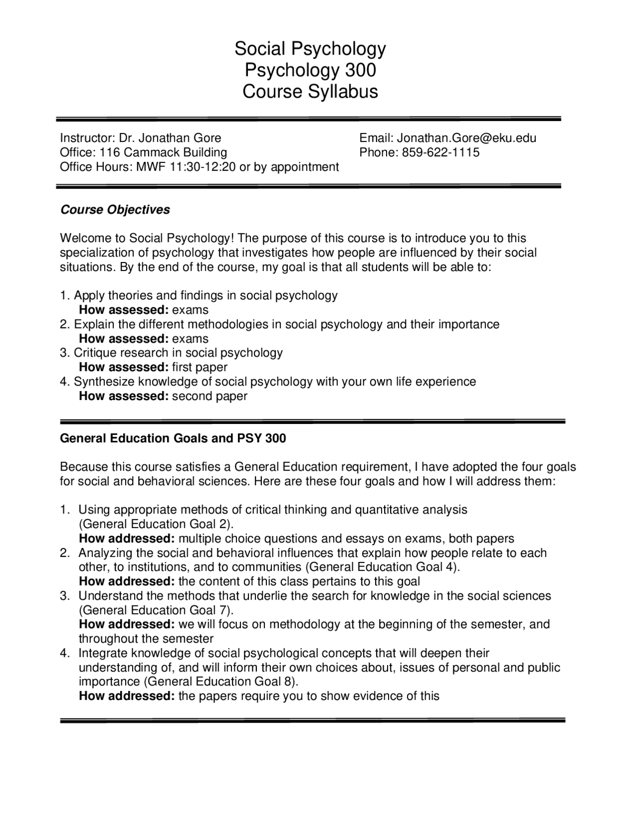 Social Psychology Course Descriptions PSY 300W Docsity