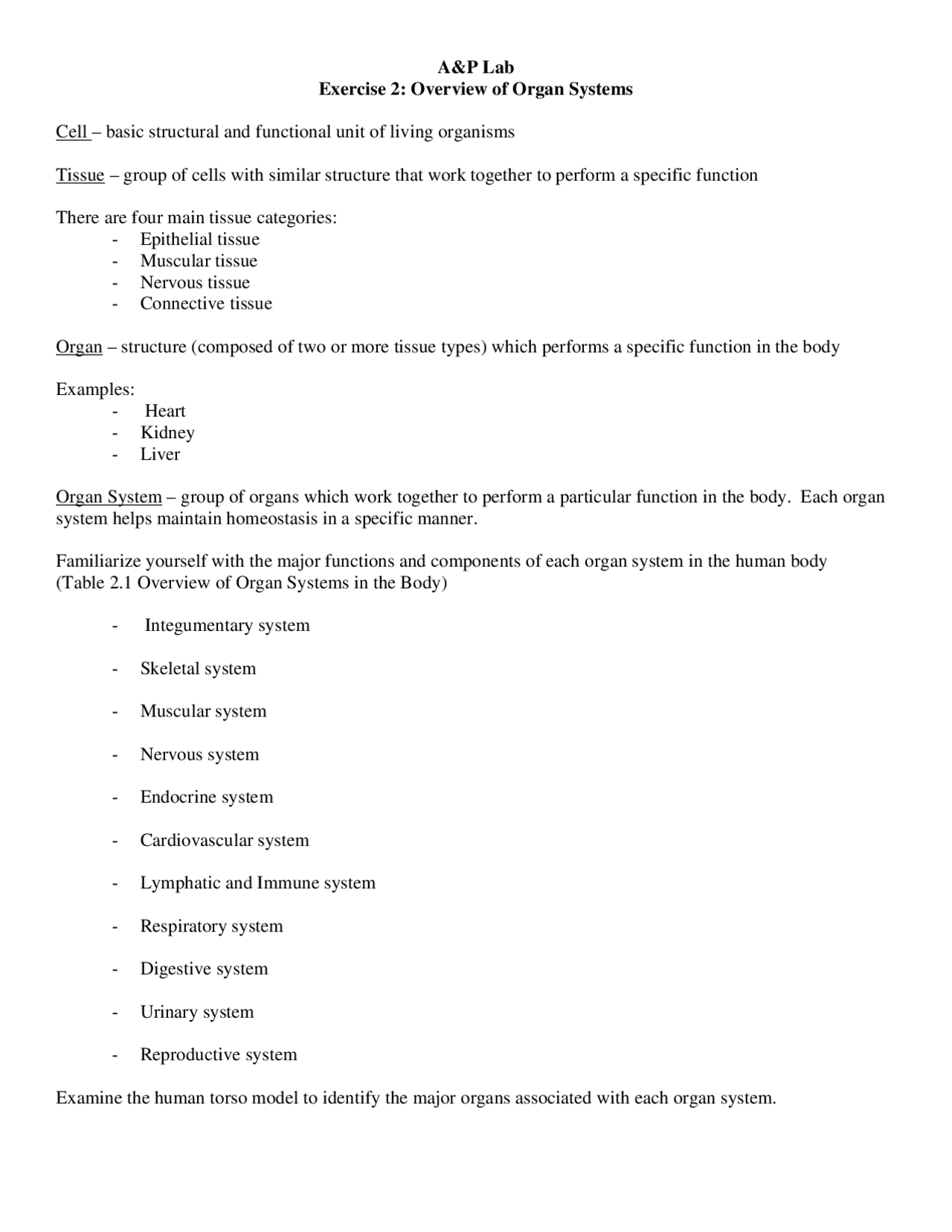 Lab Exercise 2: Overview of Organ Systems | BIOL 223L - Docsity