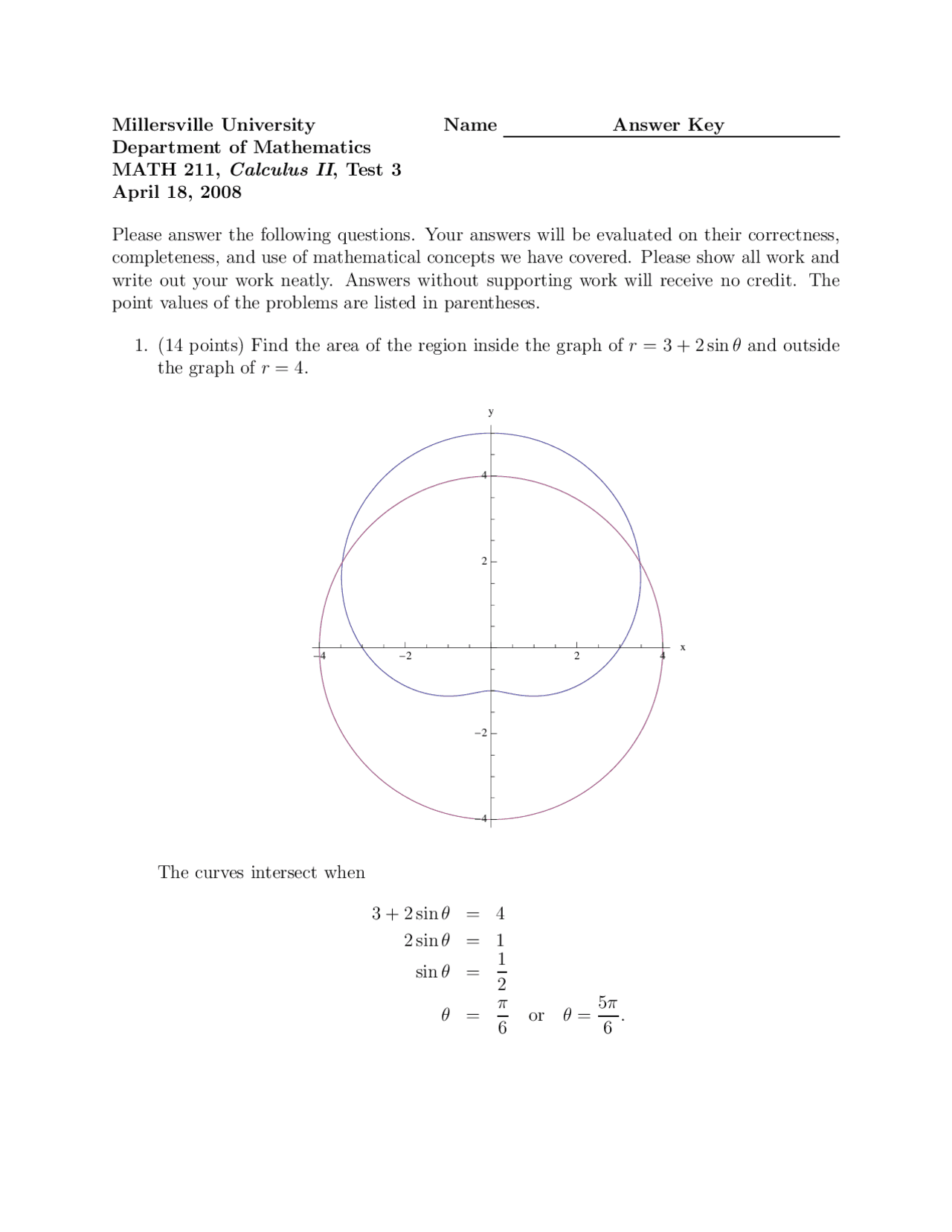 Test 3 with Answer Key - Calculus II | MATH 211 - Docsity