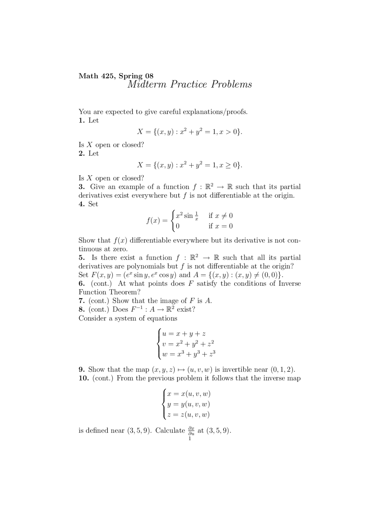 Midterm Practice Problems - Advanced Calculus | MATH 425 - Docsity