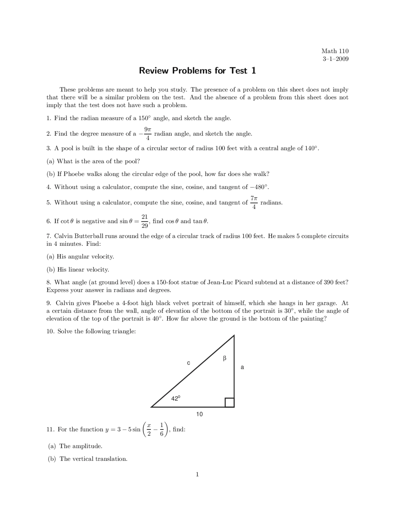 Review Problems for Test 1 - Introduction to Trigonometry | MATH 110 ...