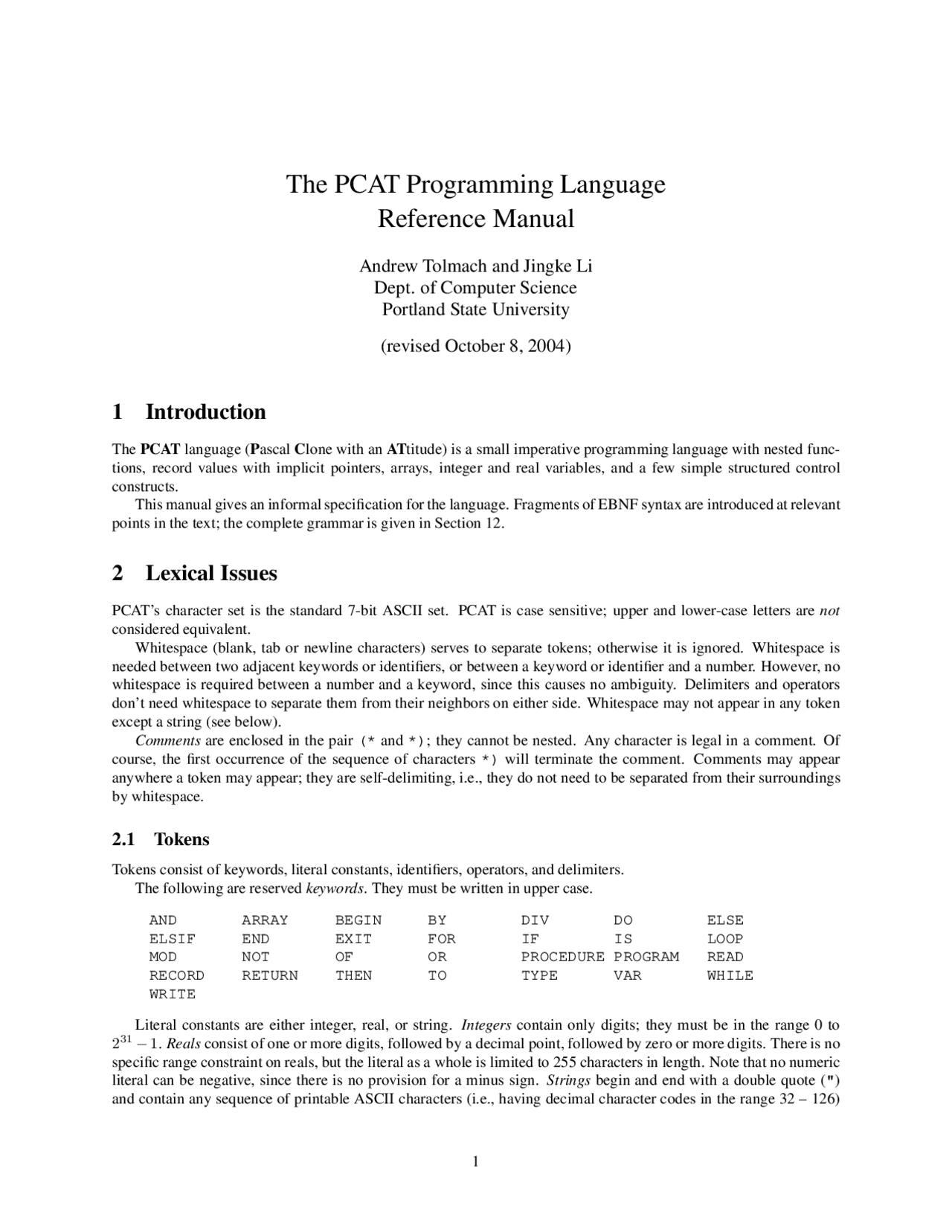 PCAT Programming Language Reference Manual - Handout | CS 322 - Docsity