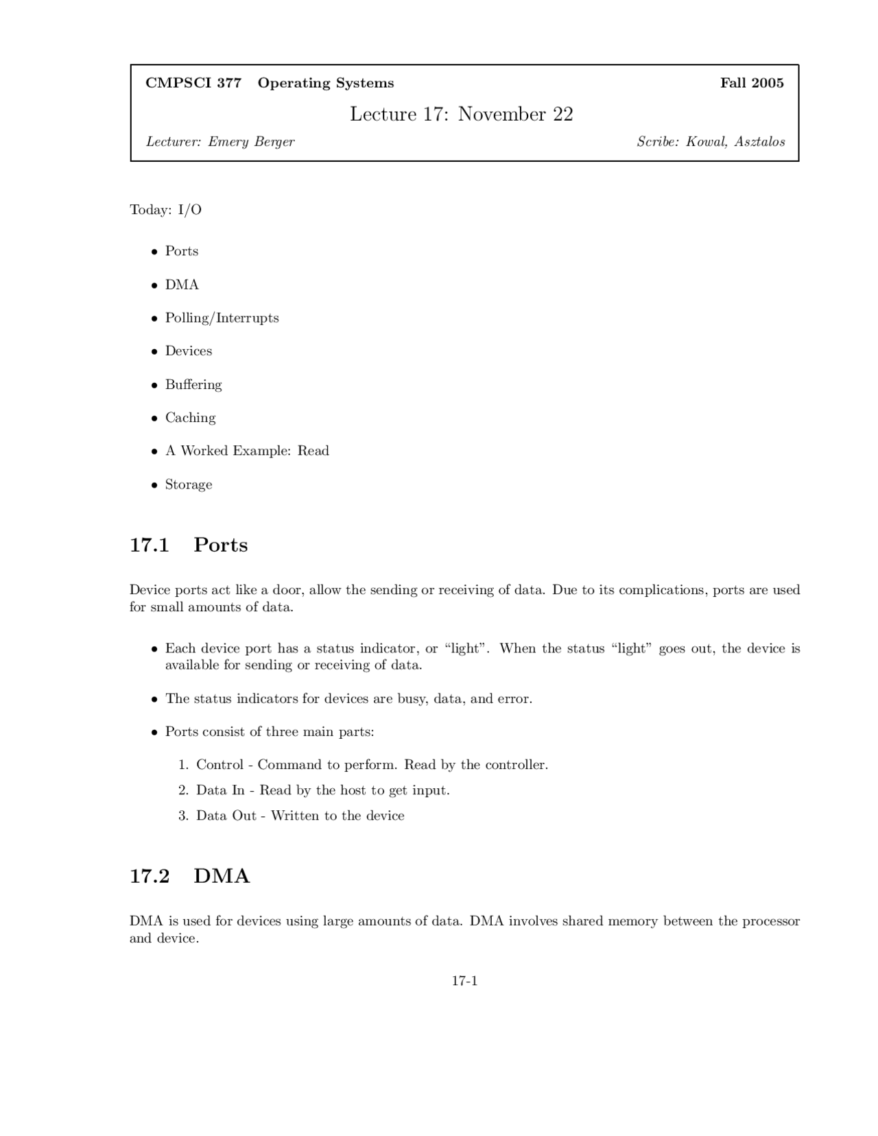 Notes on Ports, Buffering, Devices - Operating Systems | CMPSCI 377 ...
