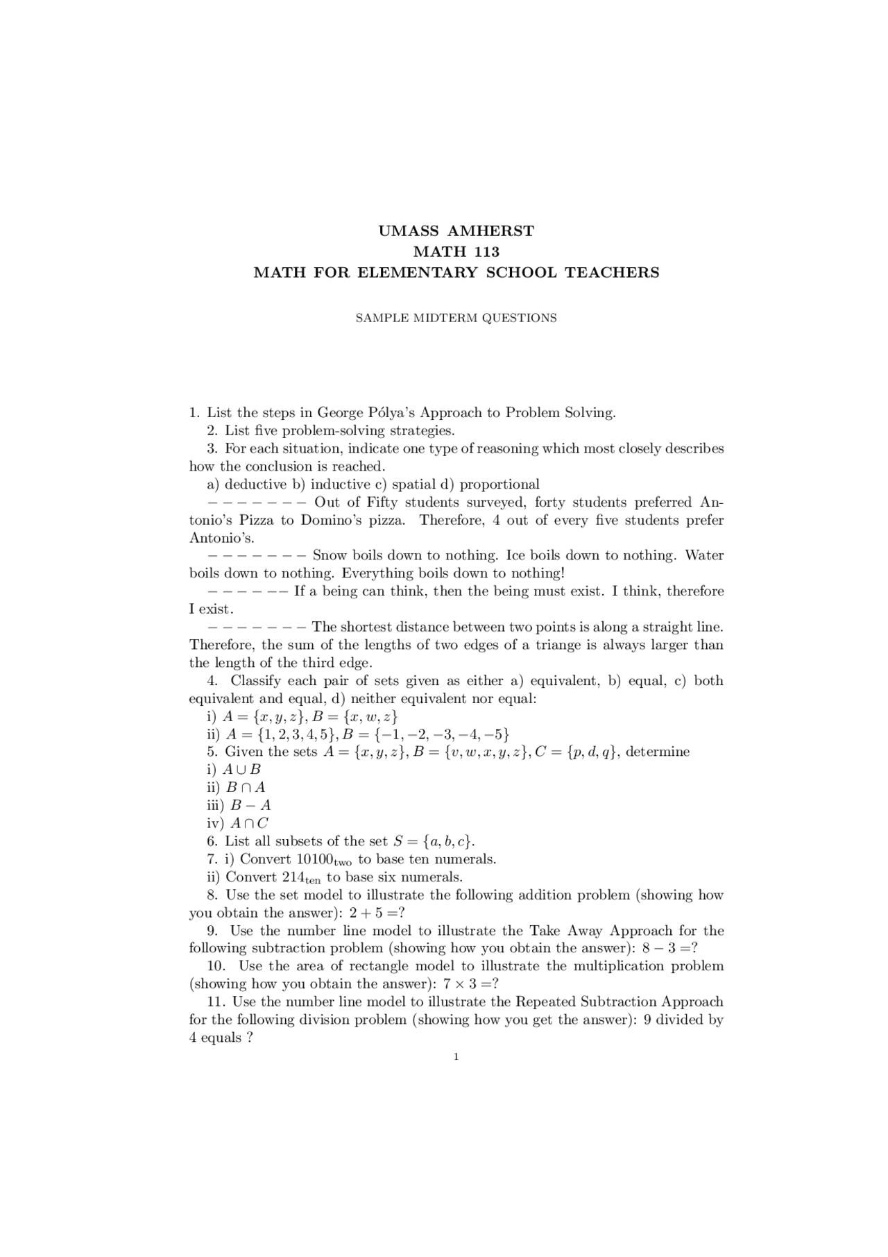 Sample Midterm Questions Mathematics Elementary Teacher I MATH 113 Sample midterm questions mathematics elementary teacher i math 113