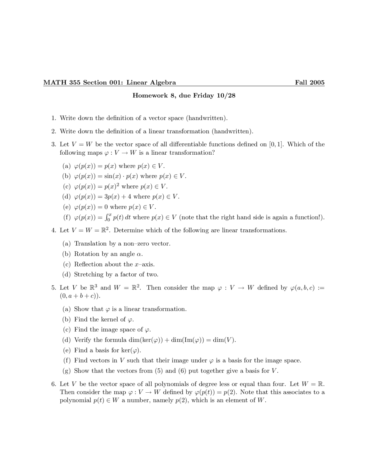 Homework 8 For Linear Algebra Fall 05 Math 355 Docsity