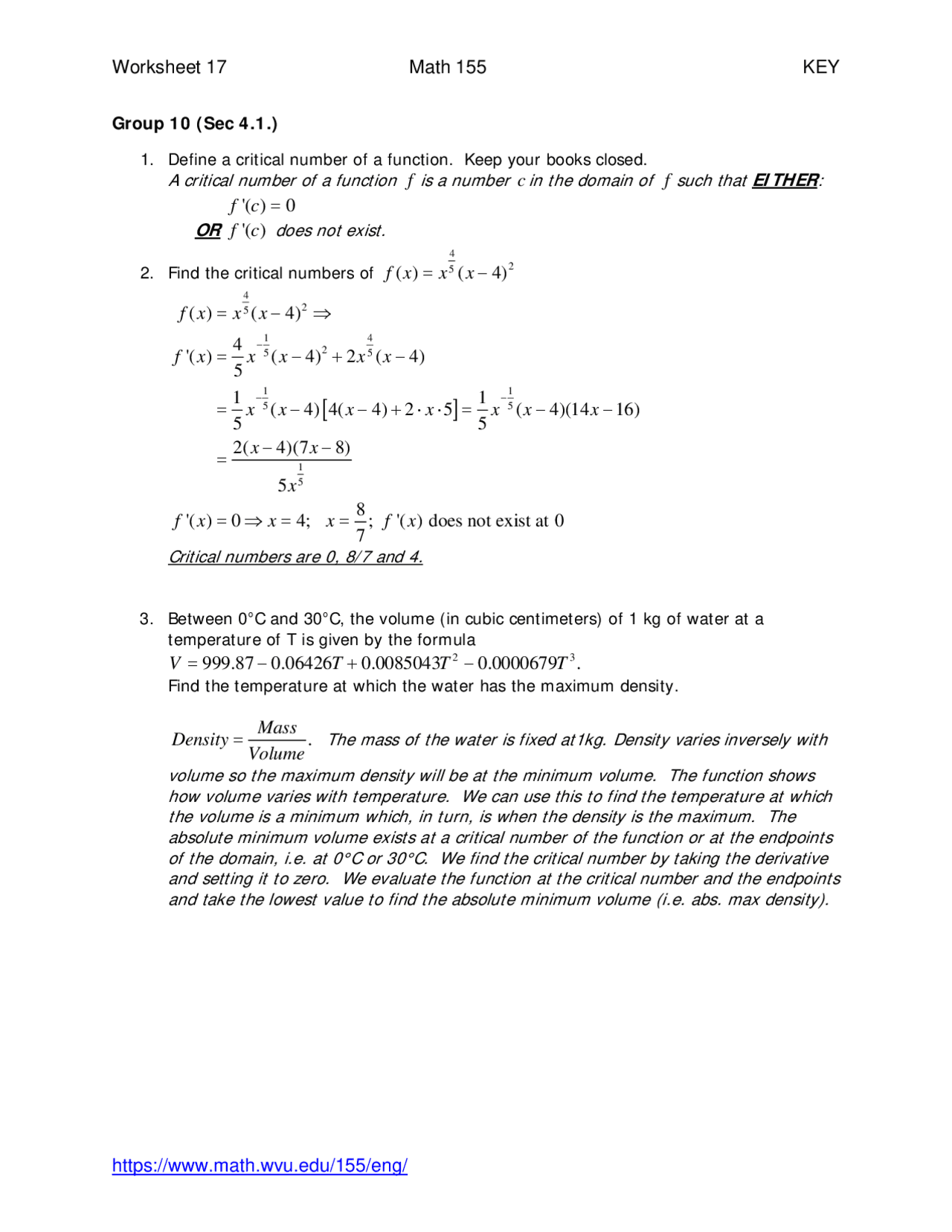 Worksheet 17 with 4 Problems on Calculus 1 | MATH 155 - Docsity