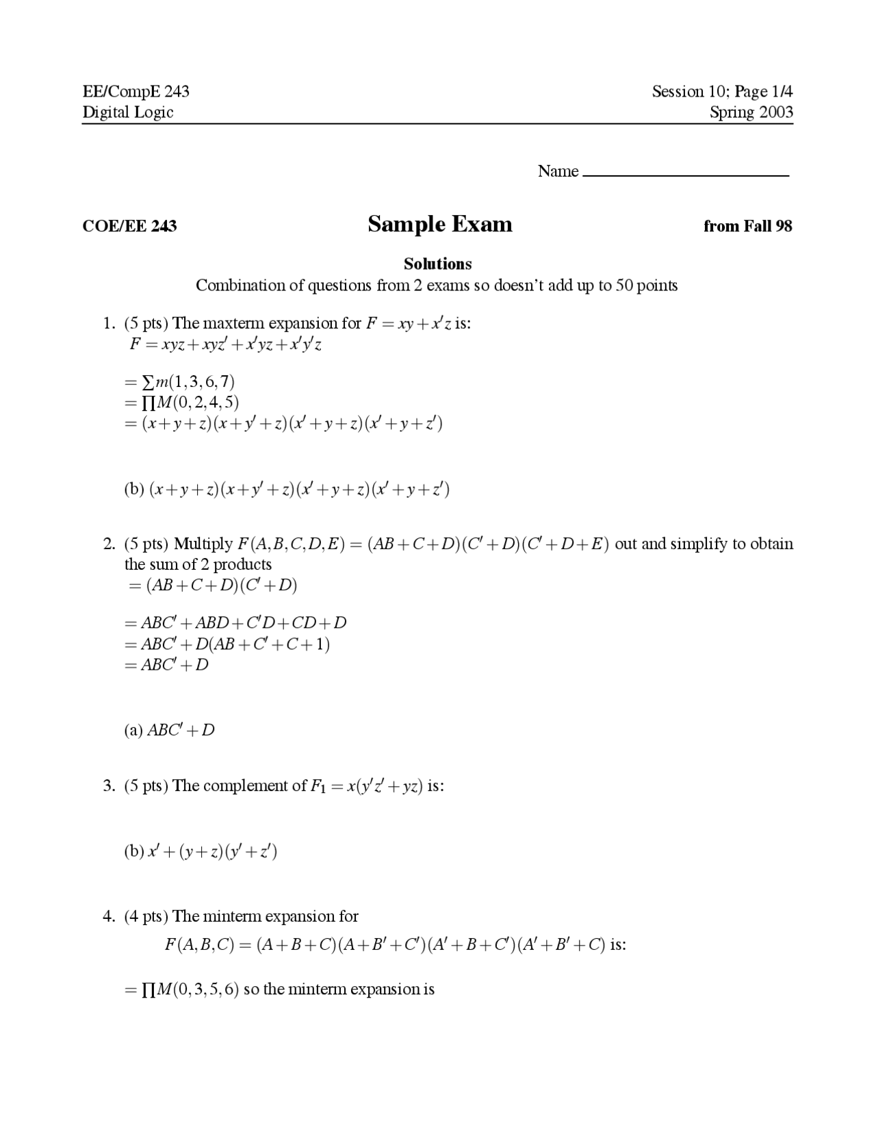 Sample Exam 1 Solution Digital Logic Spring 03 Ece 240 Docsity