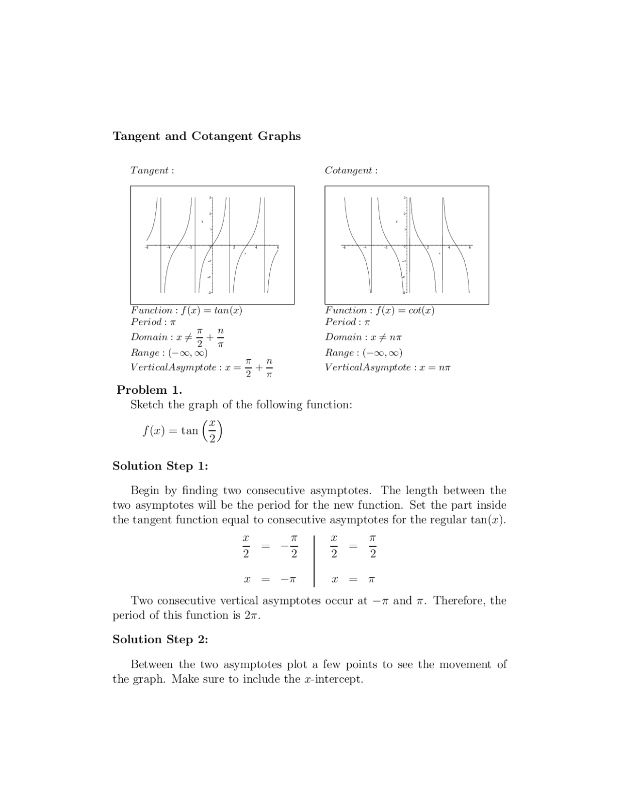 Tangent and Cotangent Graphs: Solutions - Trigonometry | MATH 1060 ...