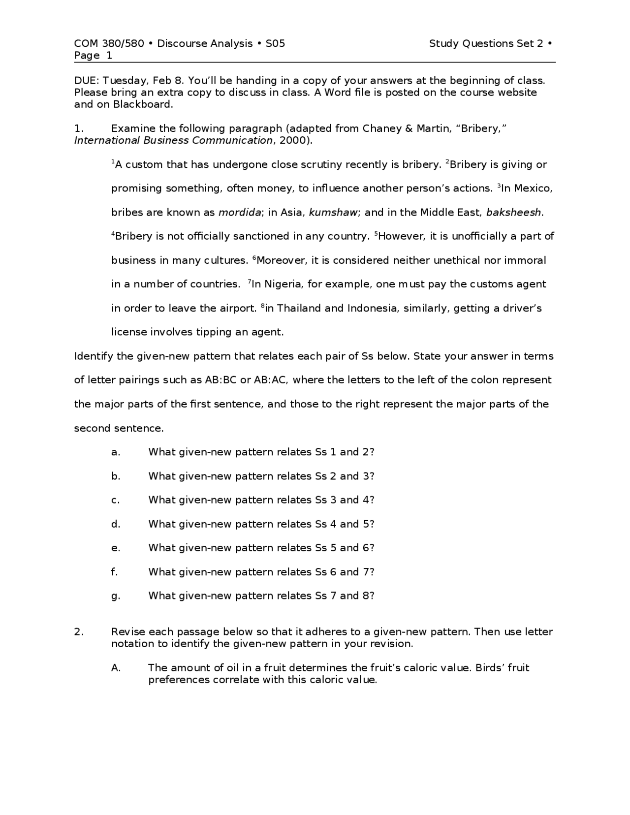 Discourse Analysis Study ITT - Questions Set 2 S05 - Docsity