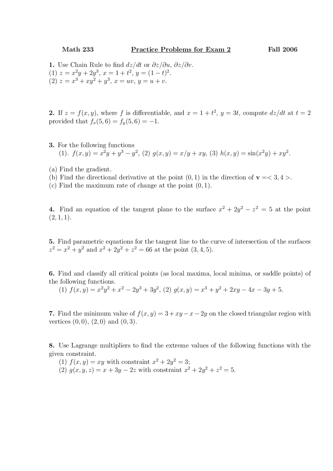 Practice Problems For Exam 2 Multivariable Calculus Math 233 Docsity