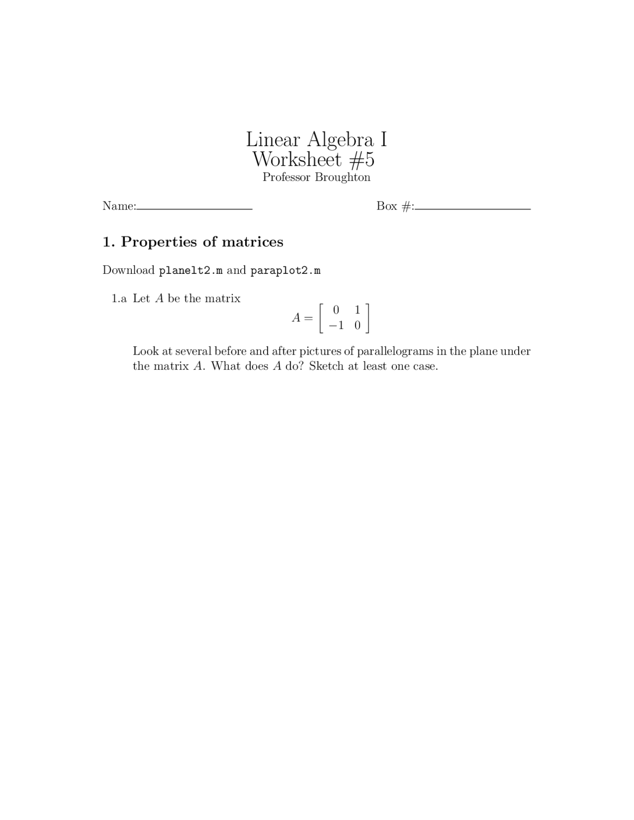 Worksheet 5 on Linear Algebra 1 | MA 371 - Docsity