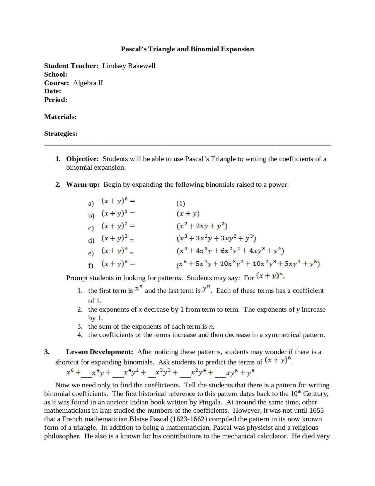 Pascal’s Triangle and Binomial Expansion - Notes | EDU 654 - Docsity