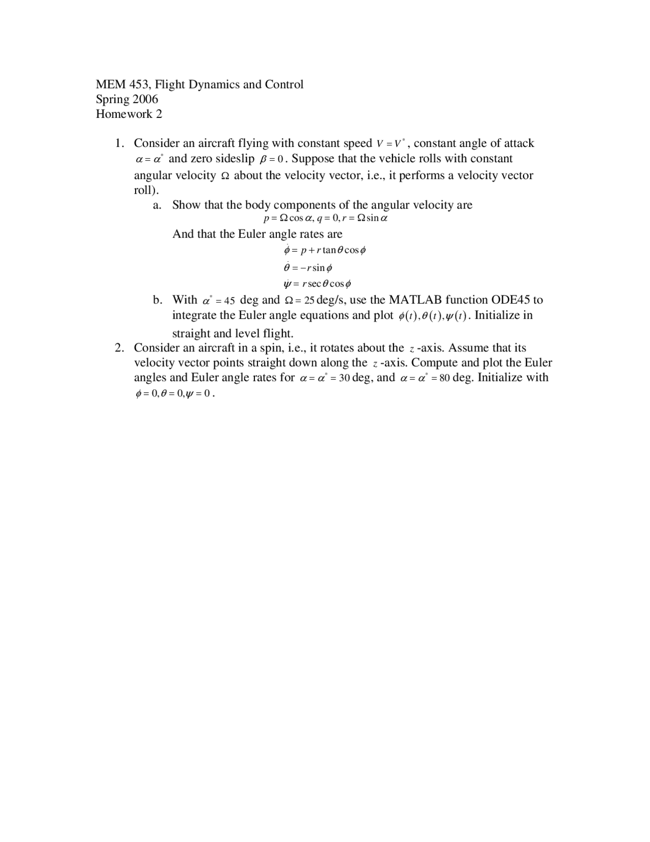 Flight Dynamics Homework Problem Homework 2 - Flight Dynamics and Control | MEM 453 - Docsity