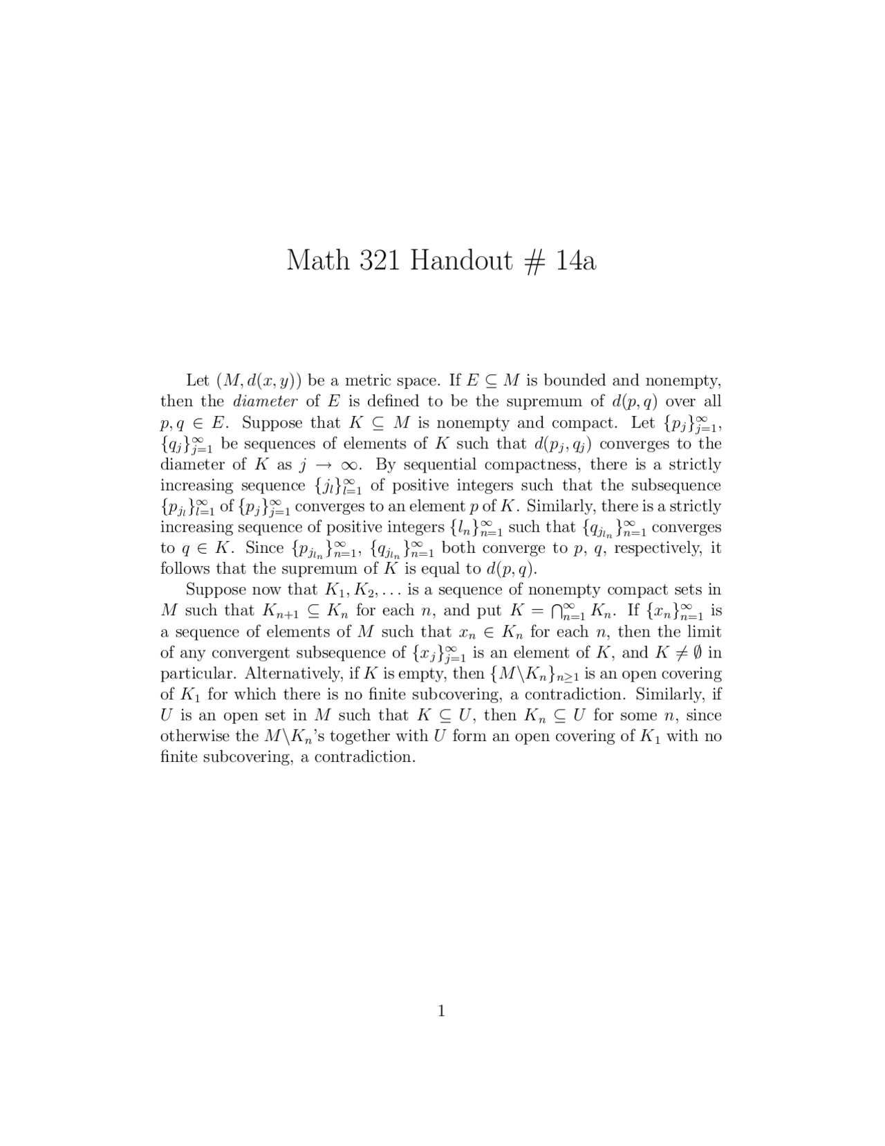 Introduction to Analysis I - Handouts 14 | MATH 321 - Docsity