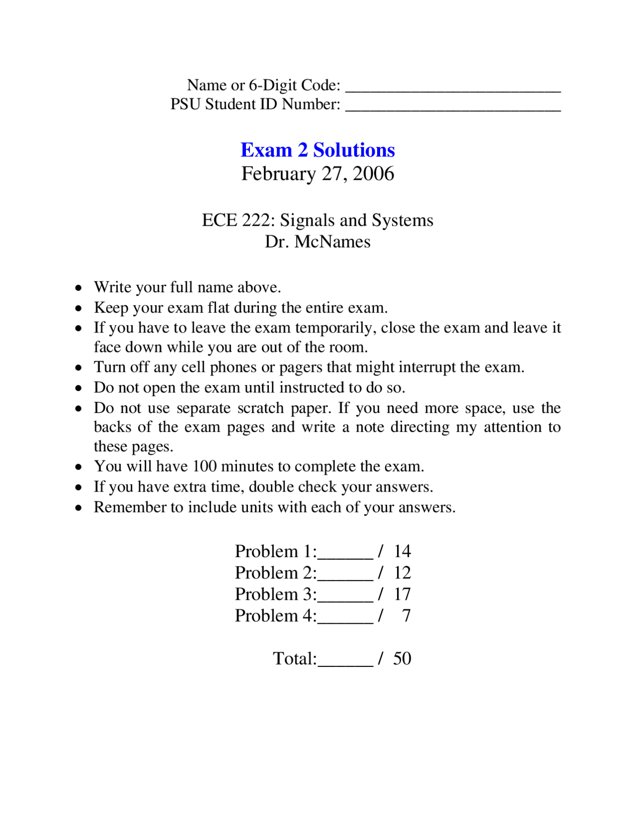 Exam 2 Solutions for Electric Circuit Analysis II | ECE 222 - Docsity