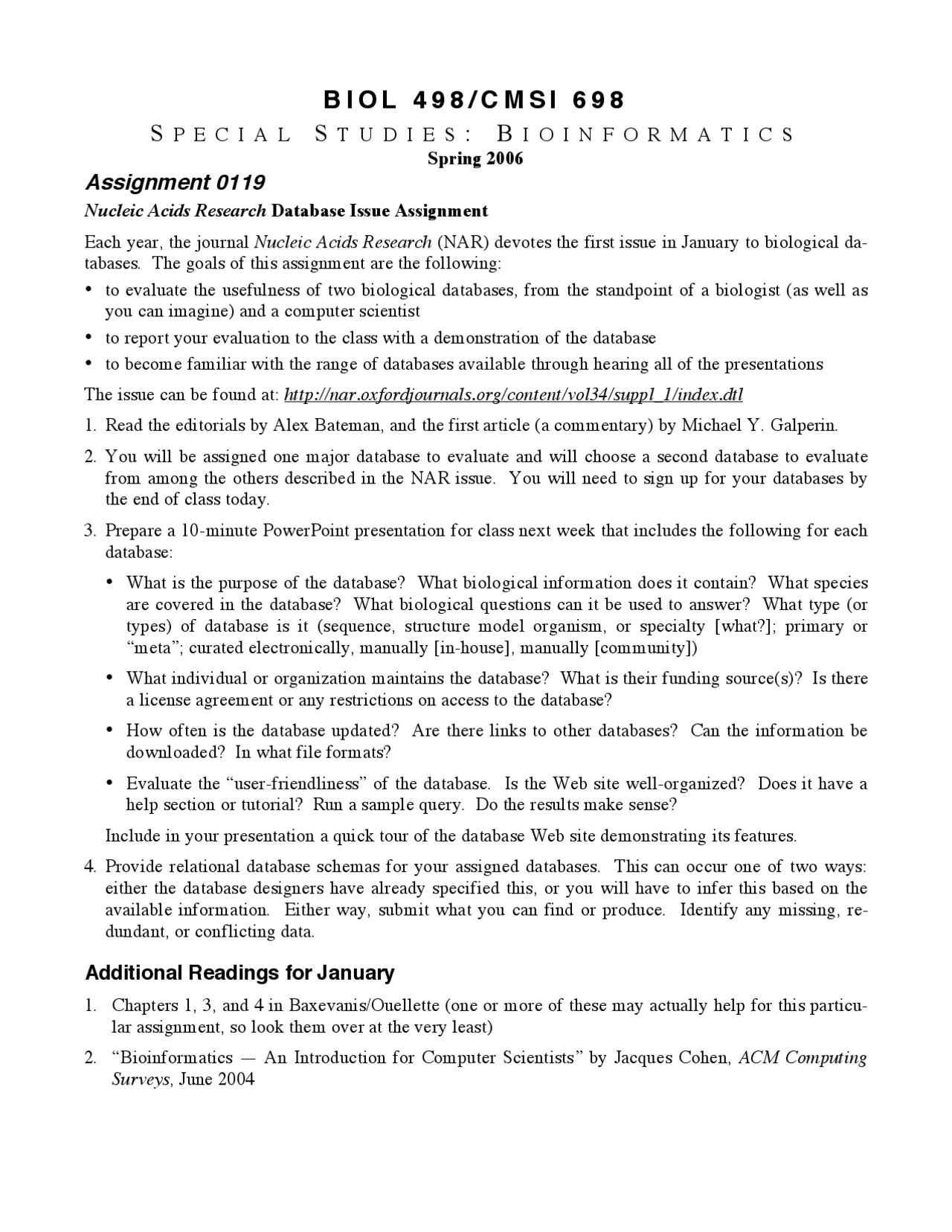 Nucleic Acids Research Database Issue Assignment Special Studies