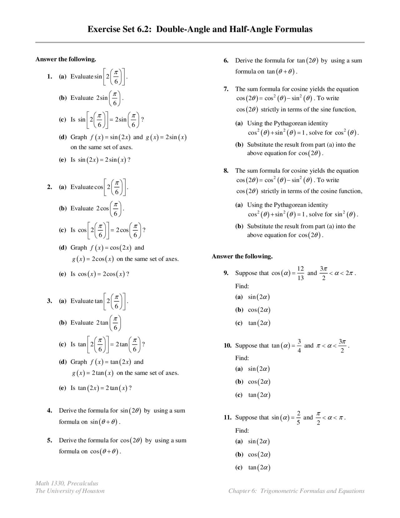 56 Questions On Double Angle And Half Angle Formula Precalculus Math 1330 Docsity