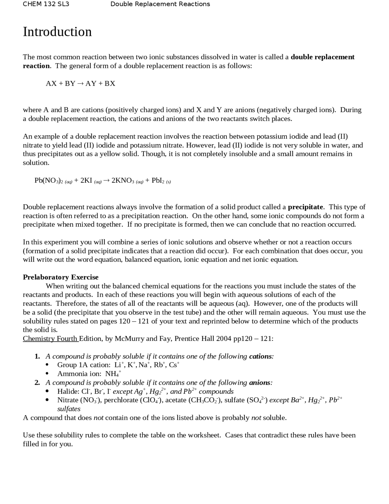 Double Replacement Reactions - Lecture Notes | CHEM 132 - Docsity