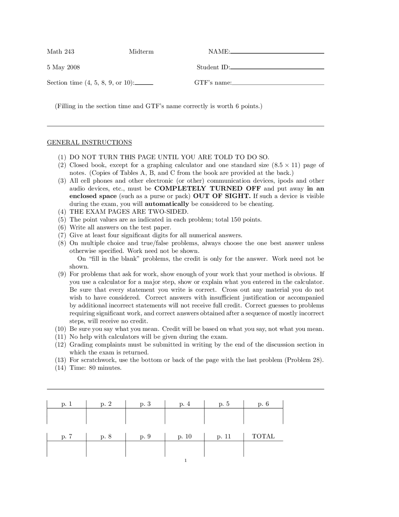 Midterm Exam 28 Multiple Choice Questions | MATH 243 - Docsity