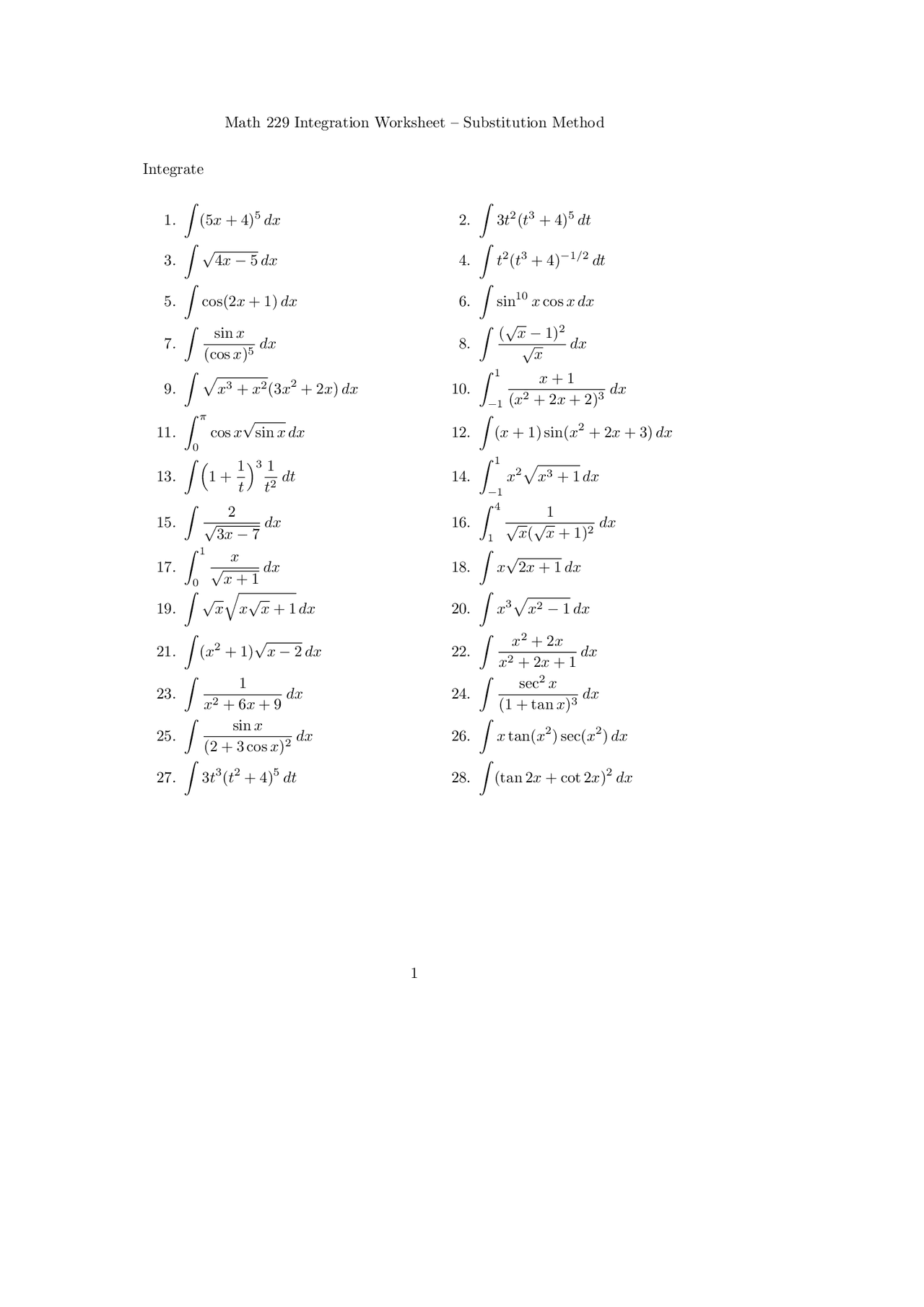 Integration Worksheet - Solution Methods - Calculus I | MATH 229 - Docsity
