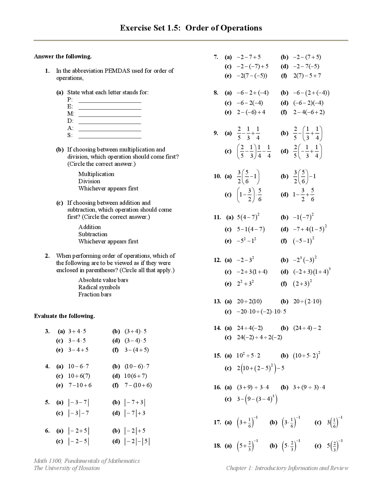 Order of Operations - Fundamentals of Mathematics, Exam Review Notes ...