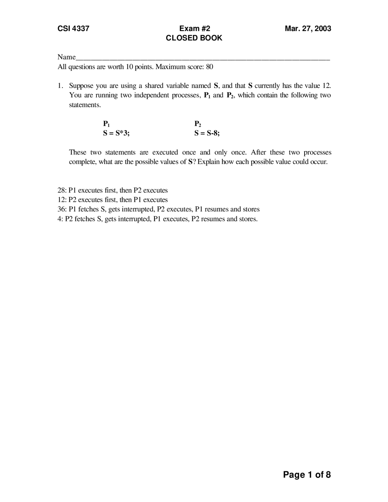 Introduction to Operating Systems - Exam 2 Review | CSI 4337 - Docsity