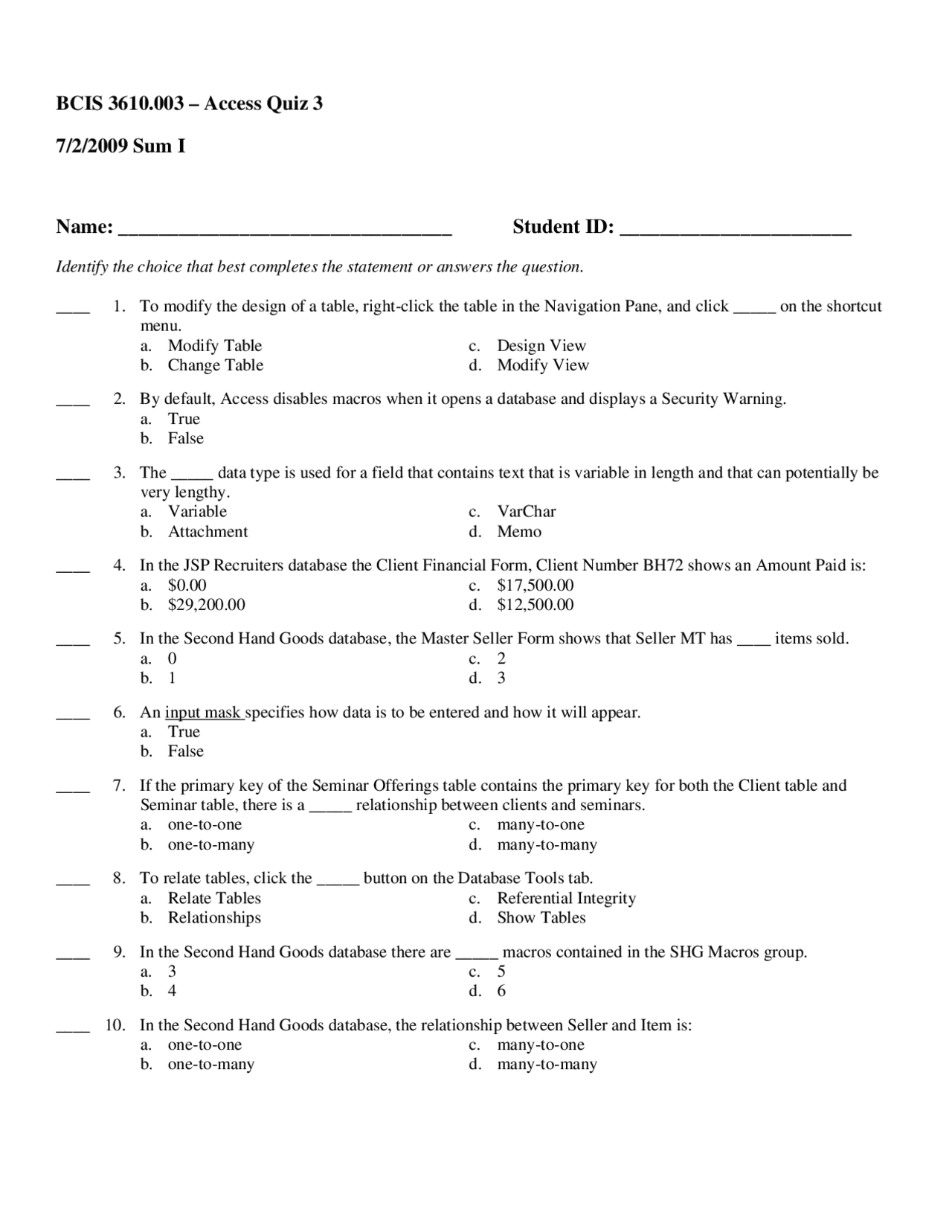 Quiz 3 With Answer Key For Basic Information Systems BCIS 3610 Docsity