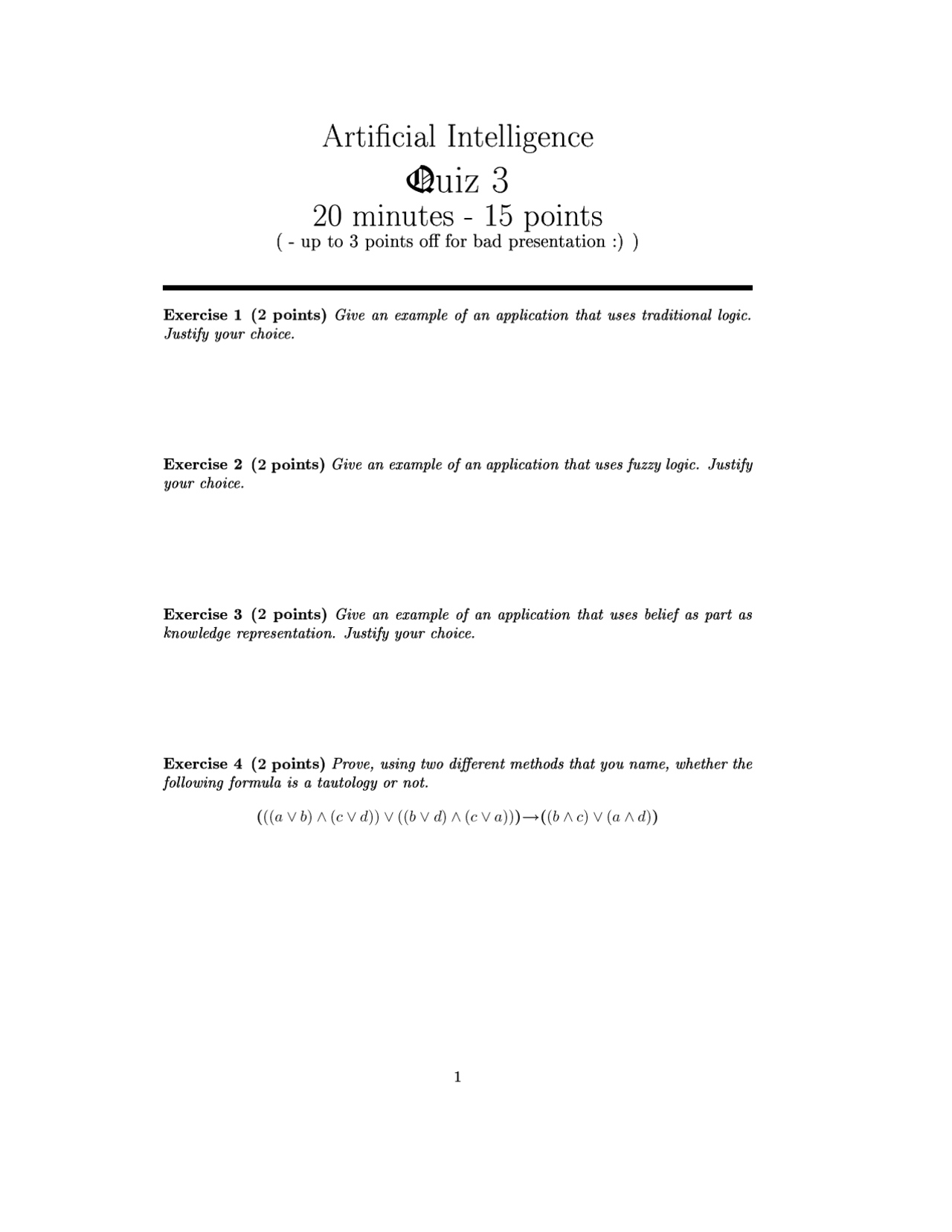4 Questions on Artificial Intelligence I for Quiz 3 | CS 5314 - Docsity