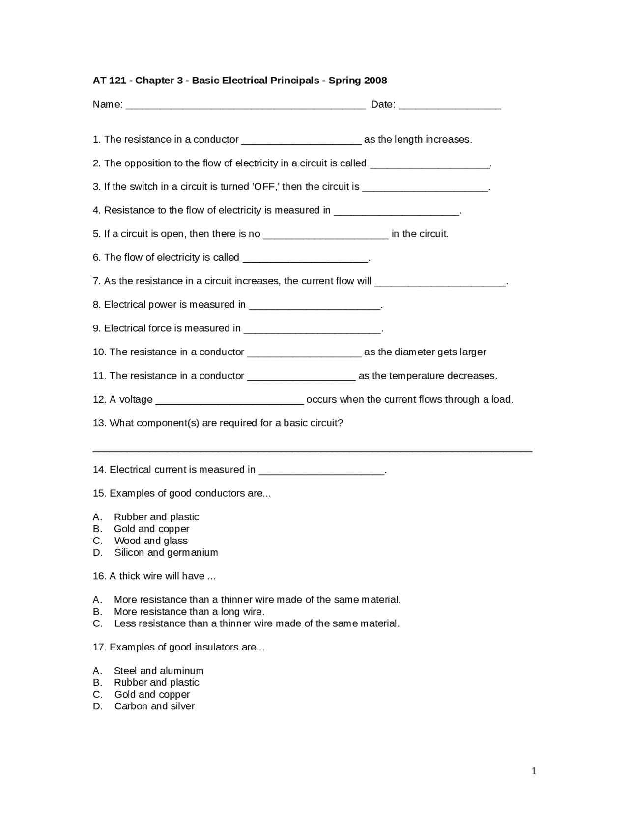 Basic Electrical Principles - Practice Assignment | AT 121 - Docsity