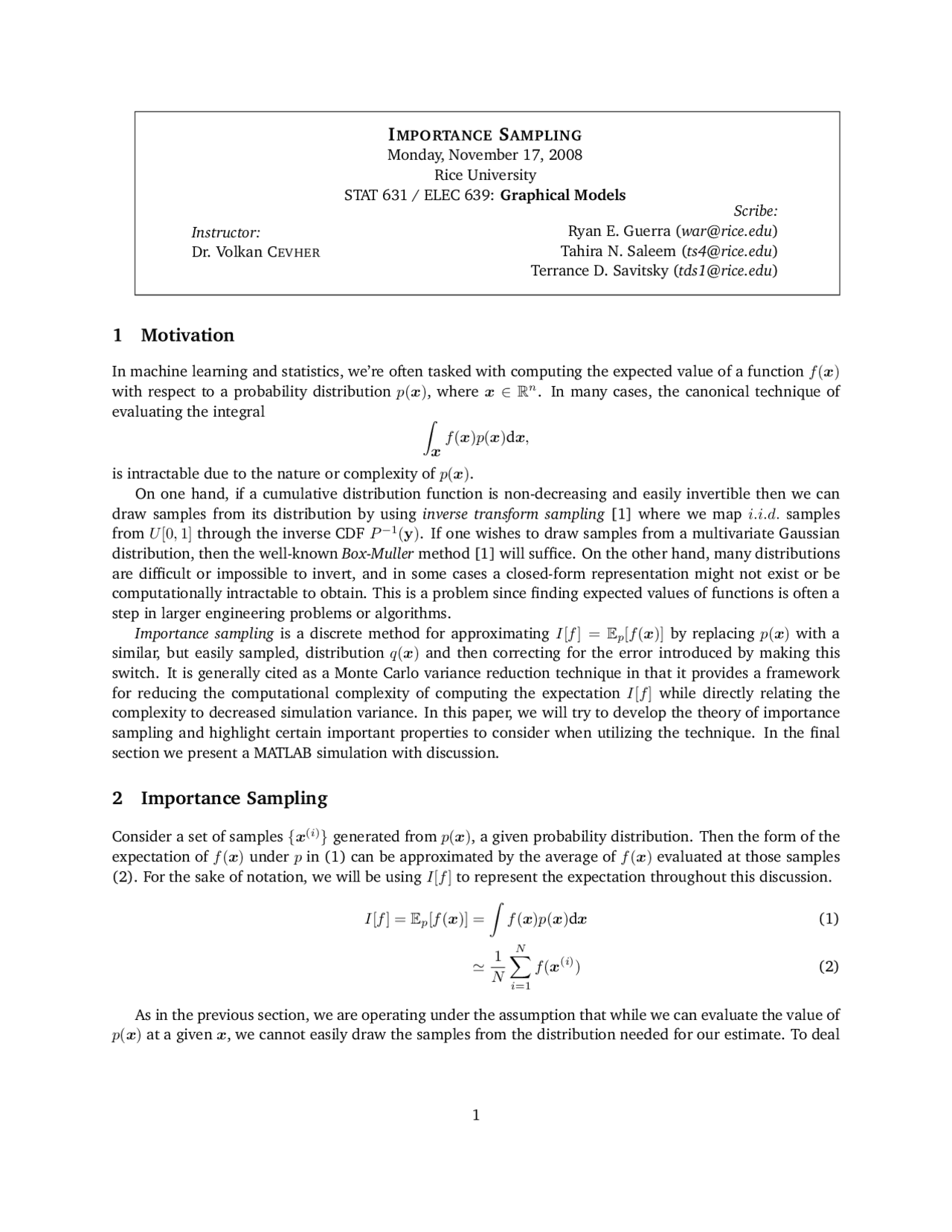 Notes on Importance Sampling - Graphical Models | STAT 631 - Docsity