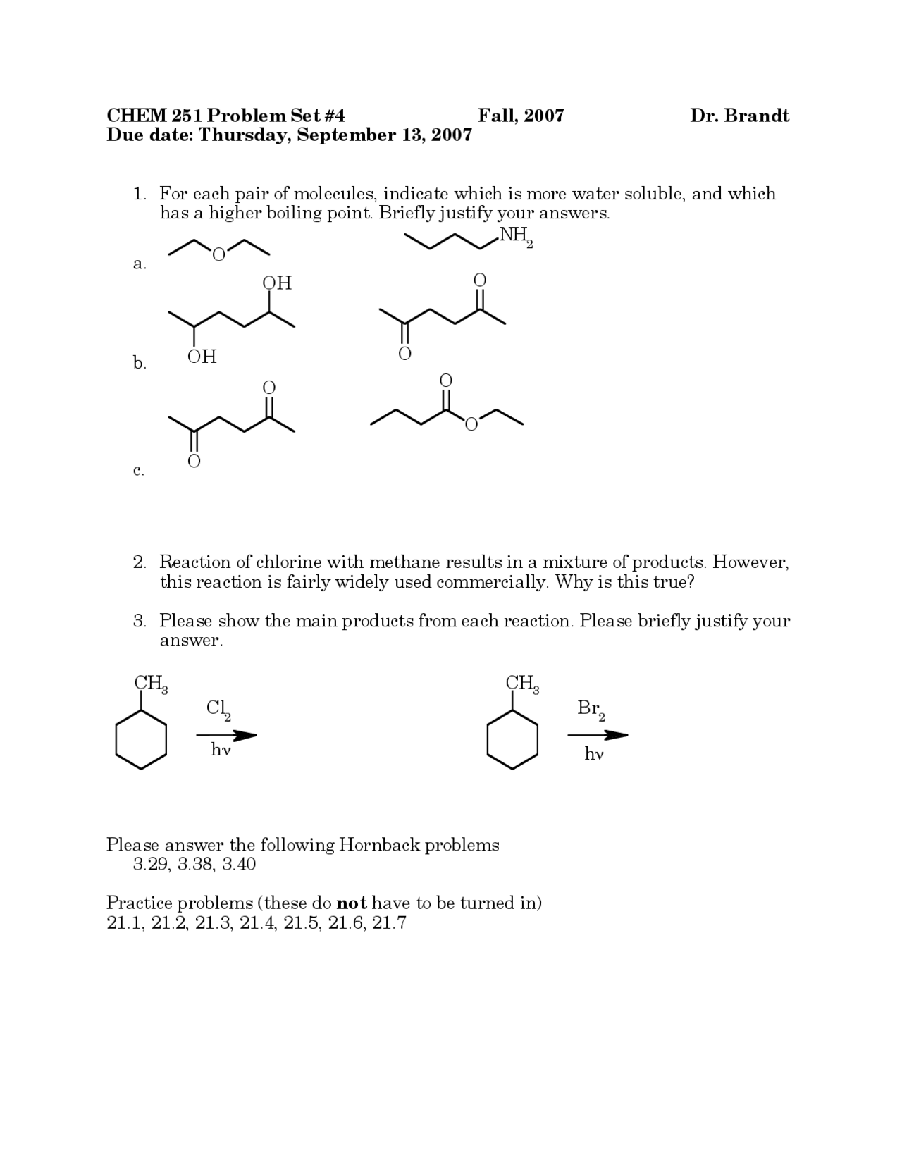 Problem Set 4 with 3 Practice Problems on Organic Chemistry I | CHEM ...