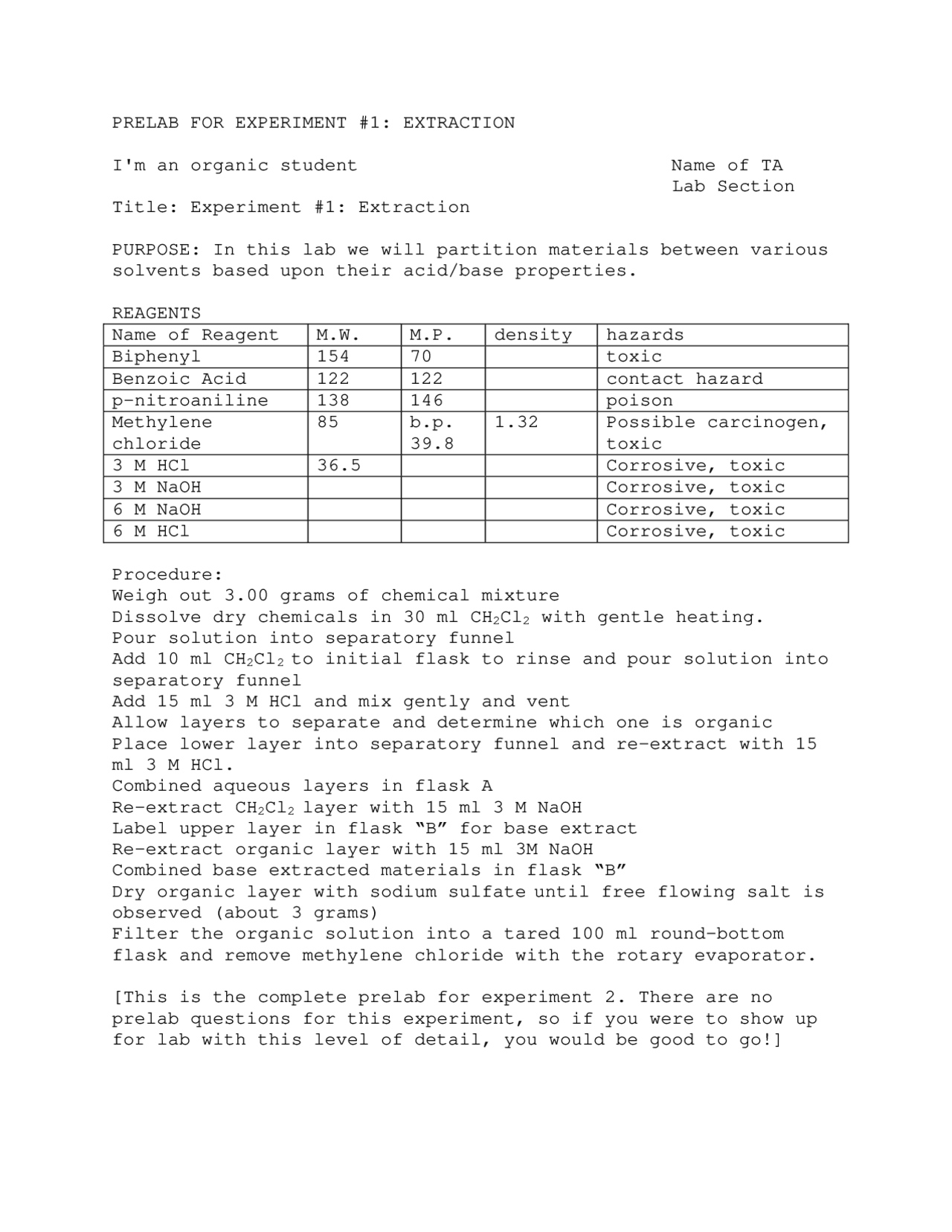 Prelab for Experiment I: Extraction - Organic Laboratory I | CHEM 2130 ...