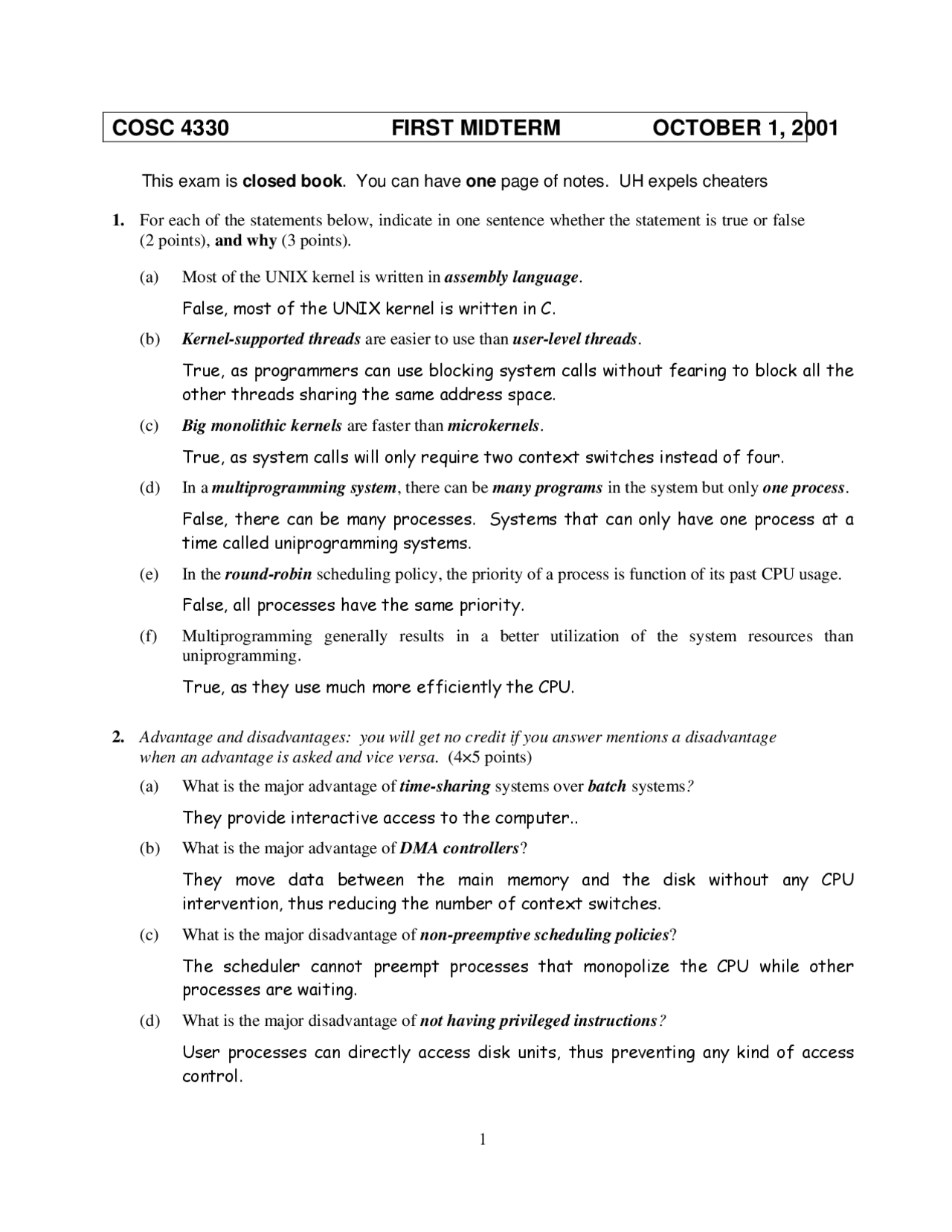 Midterm exam 1 - Fundamentals of Operating System - 2001 | COSC 4330 ...