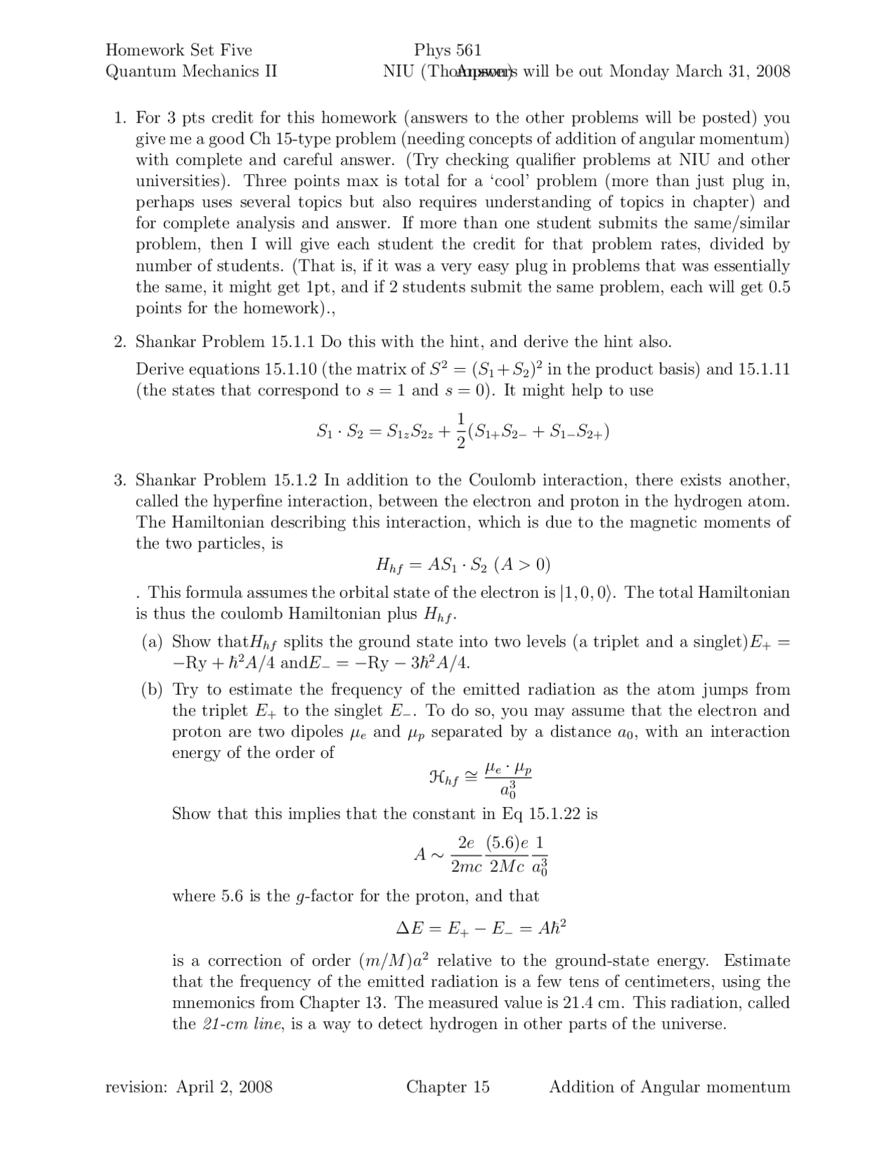 7 Solved Problems on Quantum Mechanics II - Homework 2 | PHYS 561 - Docsity
