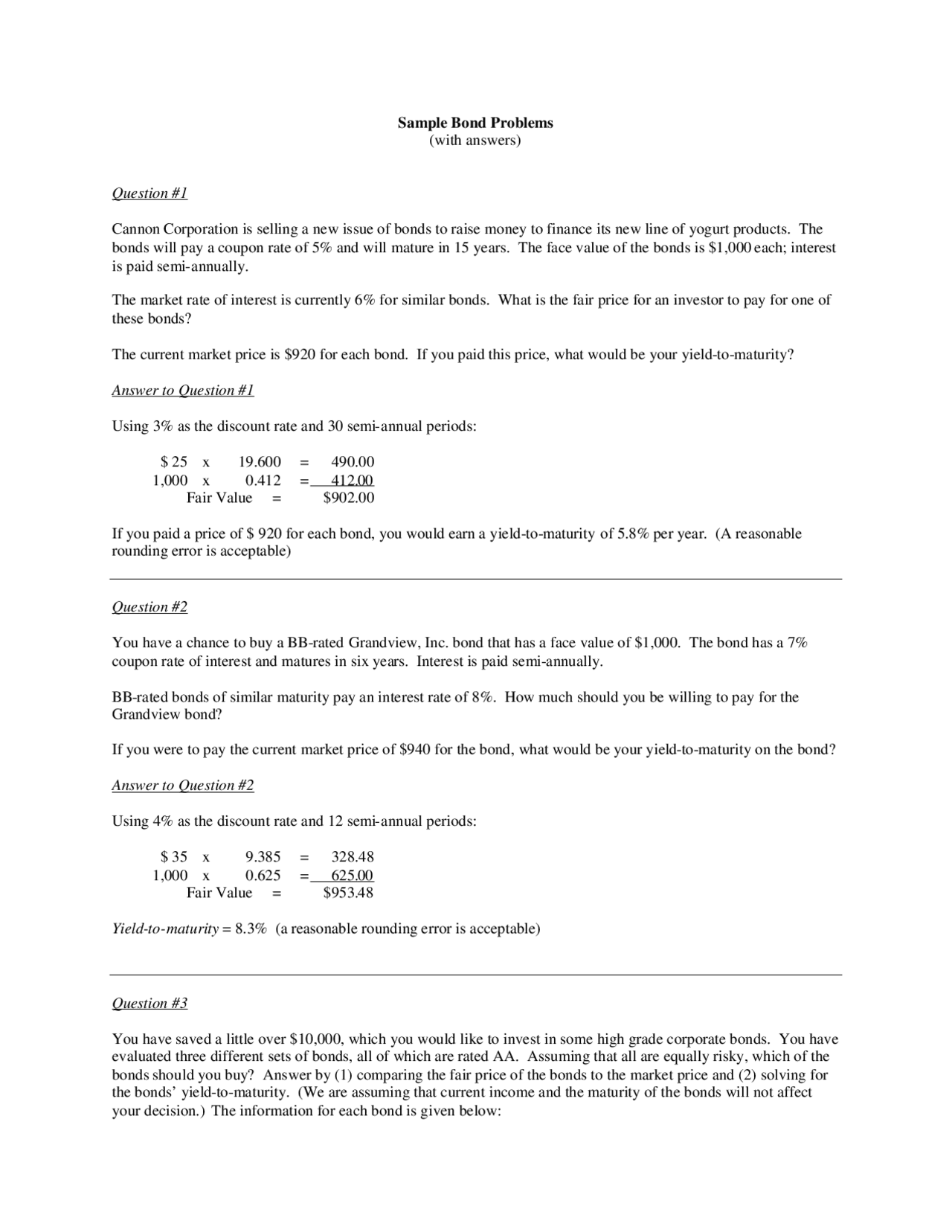 Sample Bond Problems with Answers - Principles of Finance | FIN 330 ...