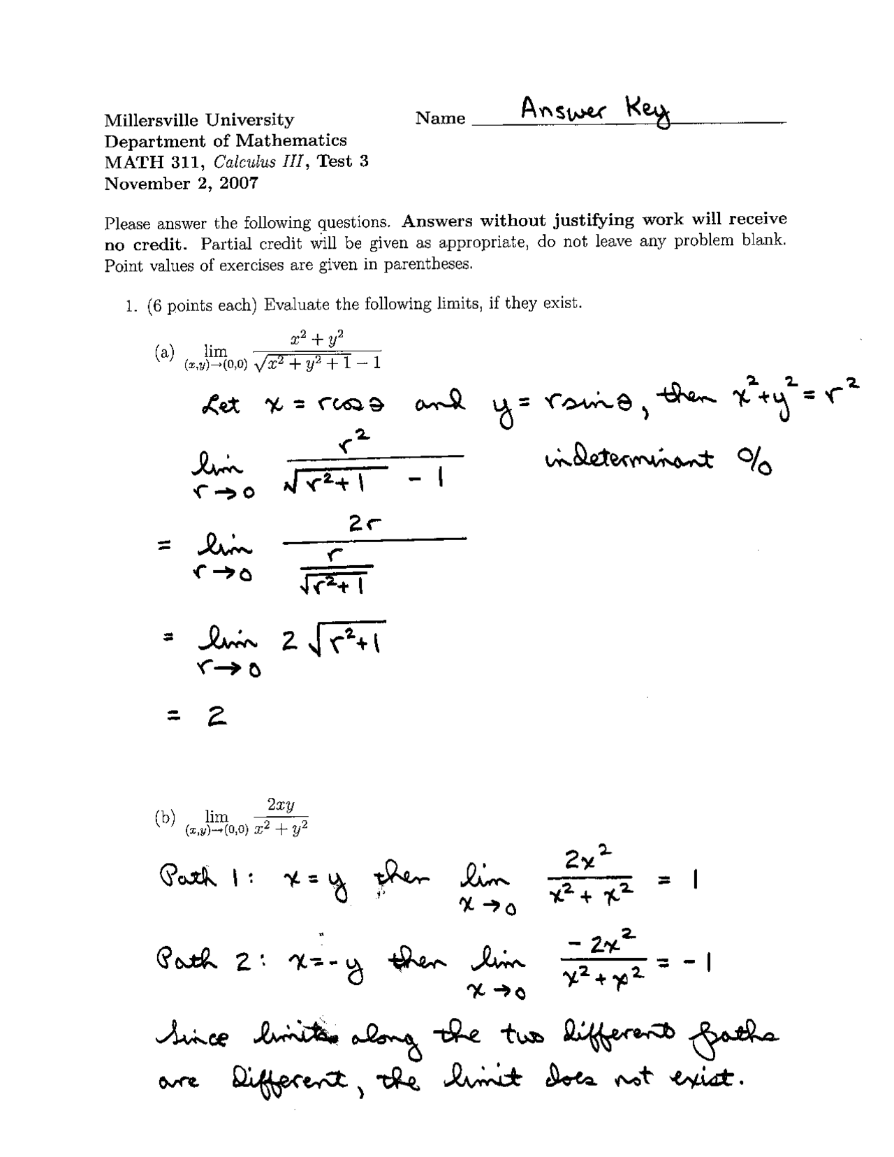 Sample Test 3 with Resolution - Calculus III | MATH 311 | Exams ...