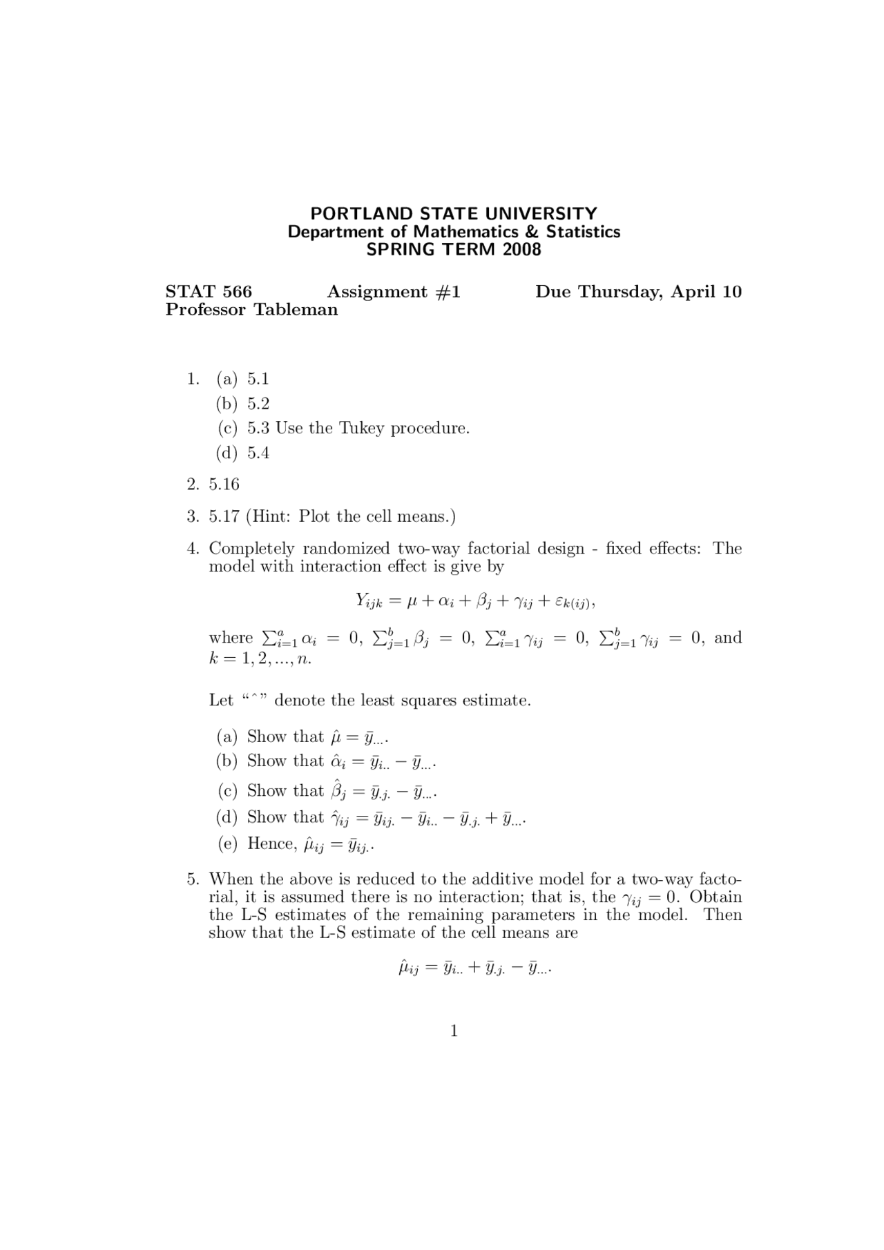 Assignment 1 On Experimental Design Theory And Methods Stat 566 Docsity