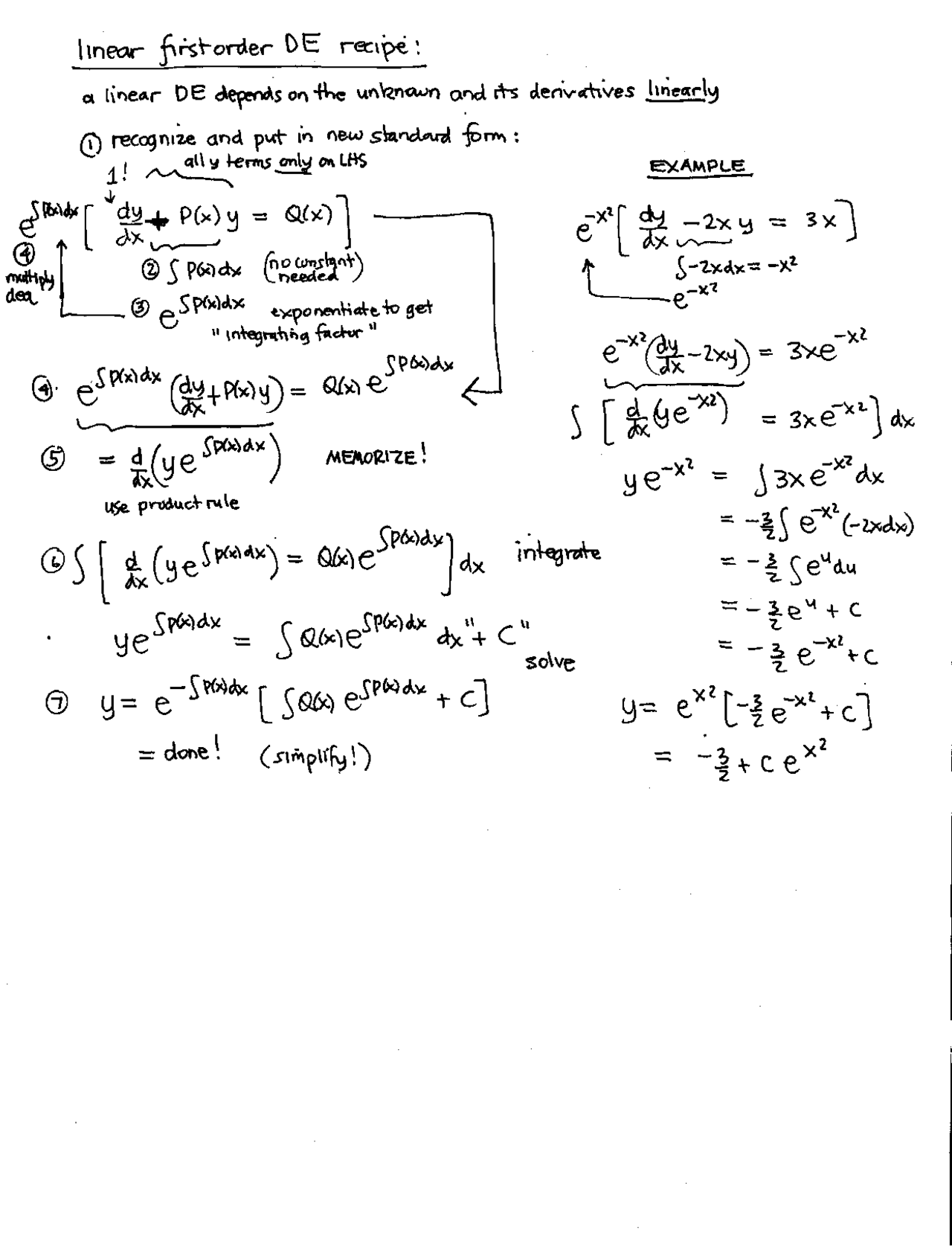 First Order De Examples Linear First Order DE Recipe - Handwritten Notes | MAT 2705 - Docsity
