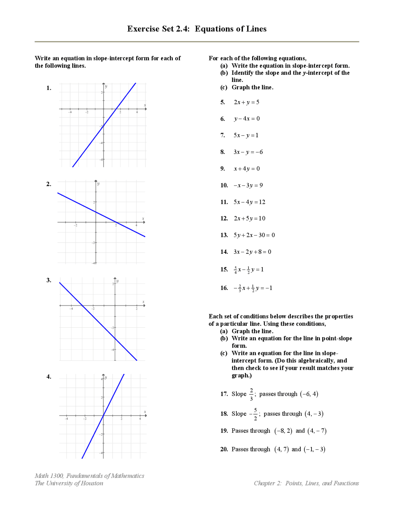 Practice Exercise Set 2.4: Equations of Lines | MATH 1300 - Docsity