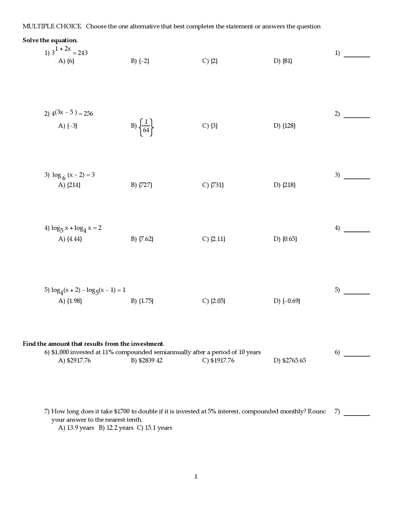 Old Exam 5 Multiple Choice Questions - Mathematical Modeling | MATH ...