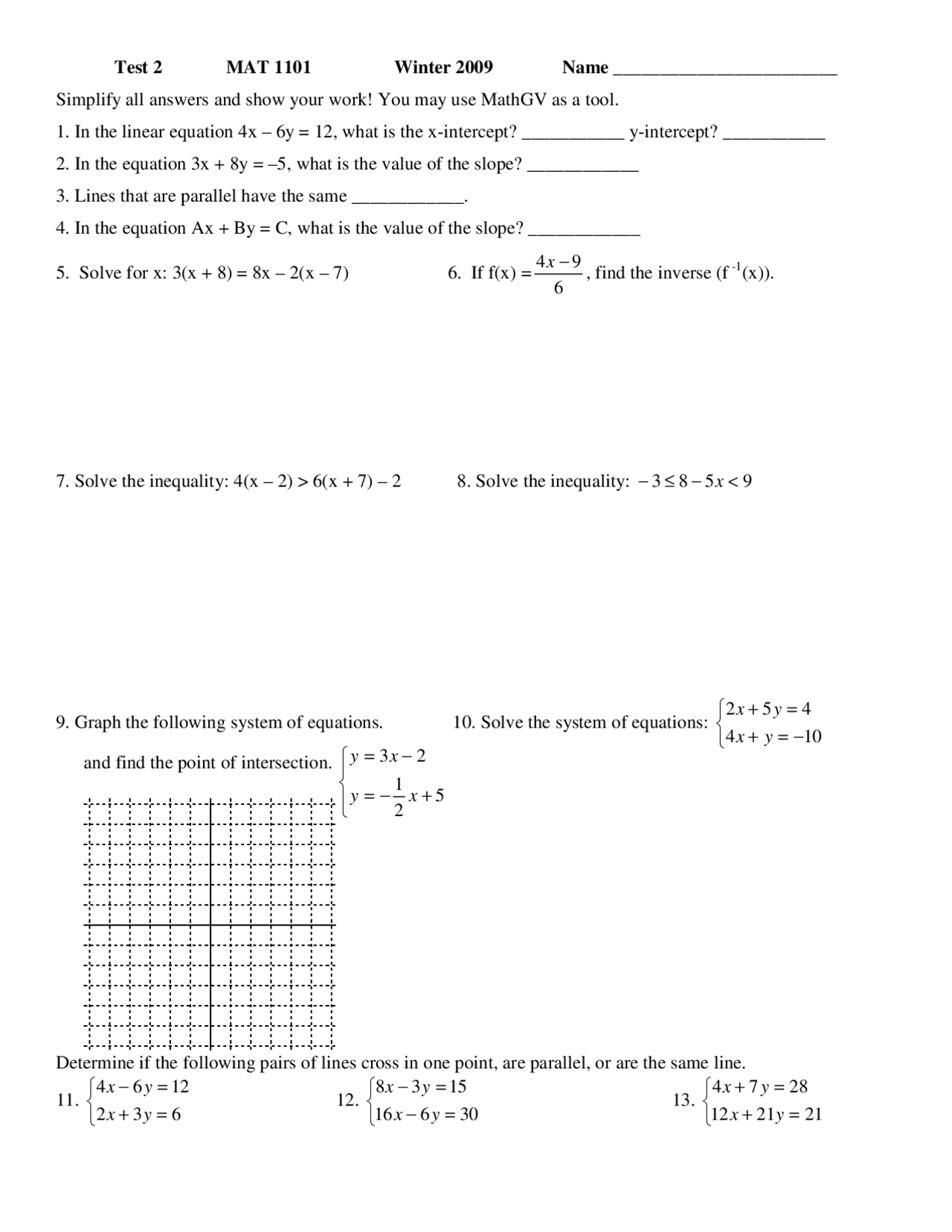 17 Problems on Linear Equations - Exam 2 | MAT 1101 - Docsity