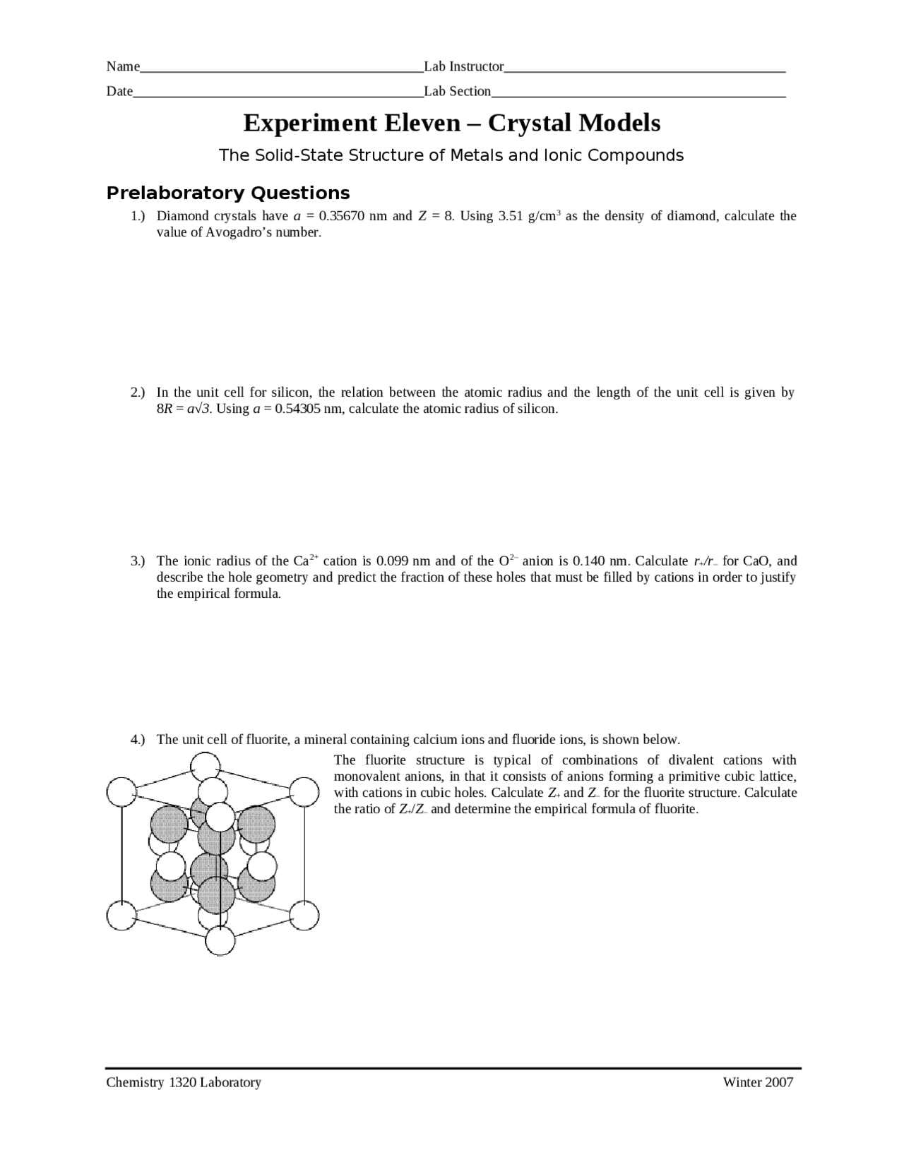 Pre Lab Questions for Crystal Models | CHEM 1320 - Docsity