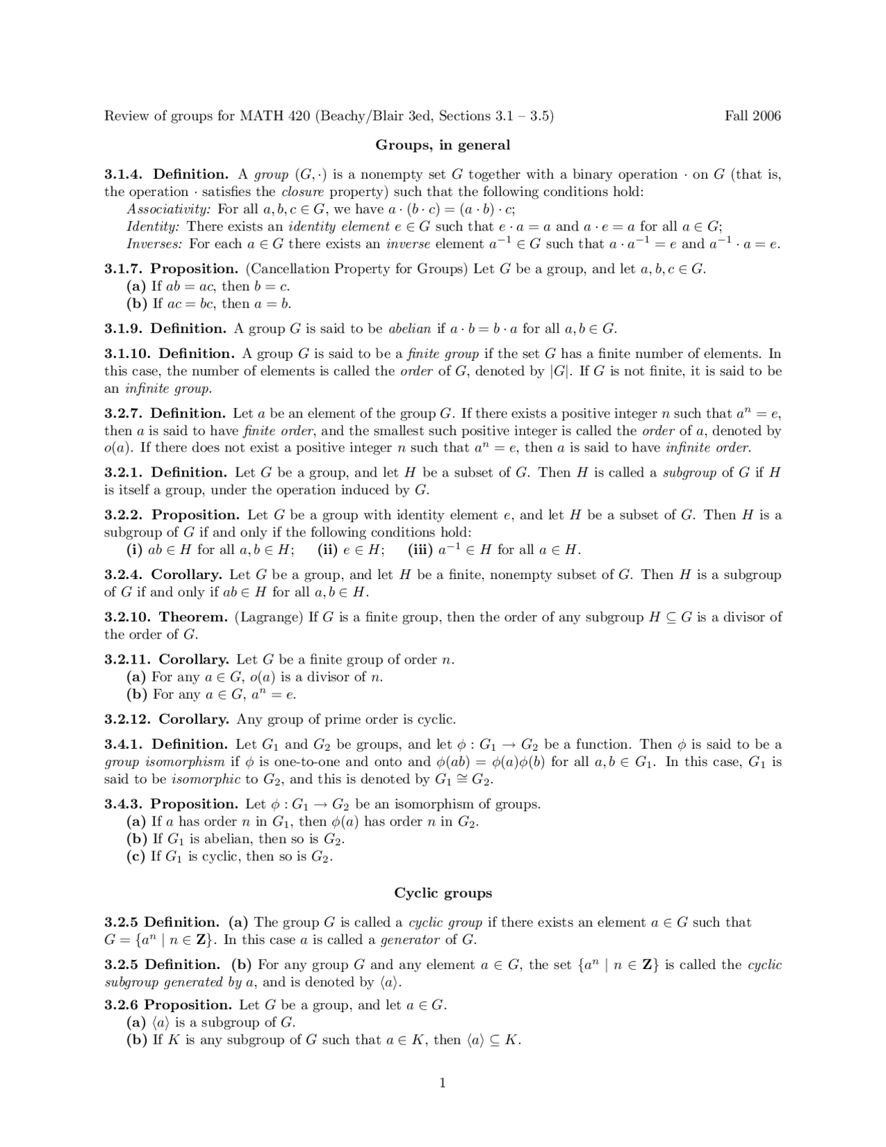 Definitions of Group in General - Review Sheet | MATH 420 - Docsity