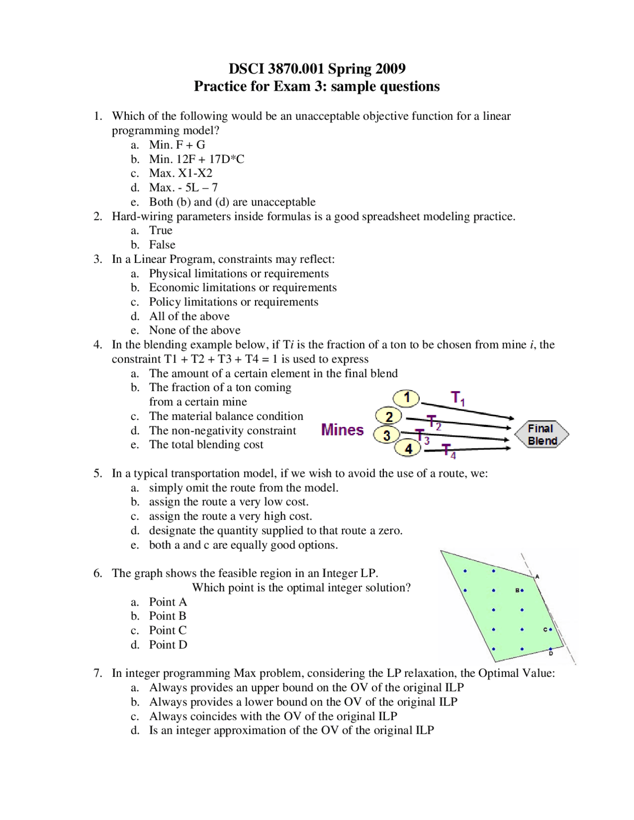Exam 3 Sample Question - Management Science - Spring 2009 | DSCI 3870 ...