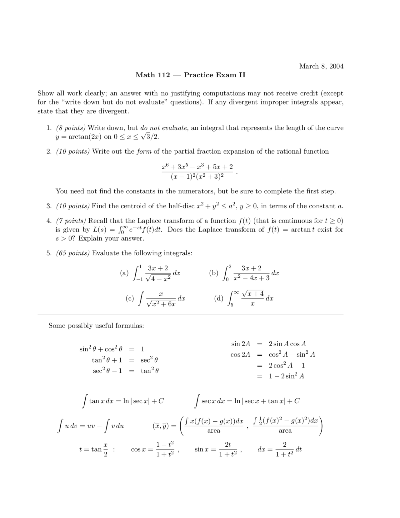 Solved Questions for Practice Exam 3 - Calculus II | MATH 112 - Docsity