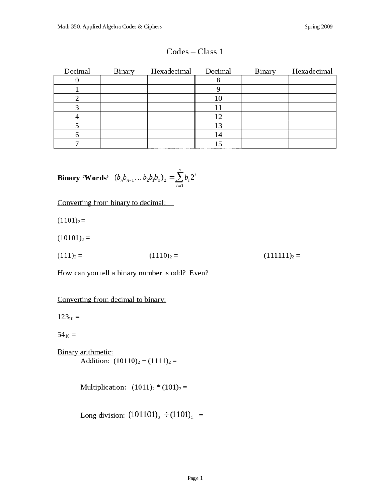 Applied Algebra Codes and Ciphers - Homework 1 | MATH 350 - Docsity