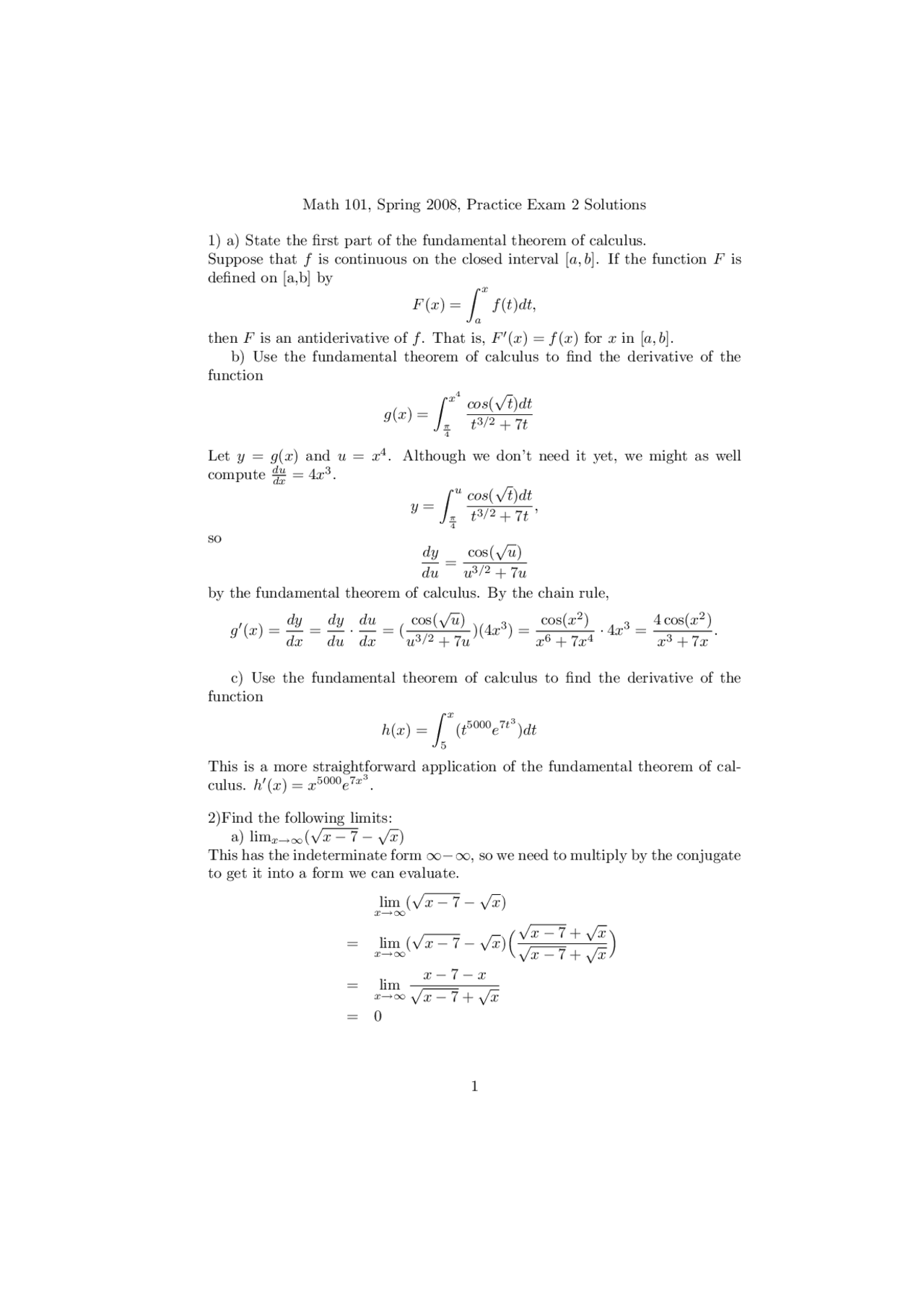 Practice Exam 2 Solution - Single Variable Calculus I | MATH 101 - Docsity