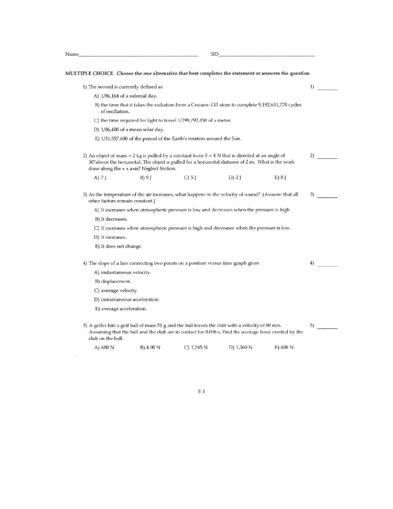Multiple Choice Questions on College Physics I | PHYS 2010 | Exams ...