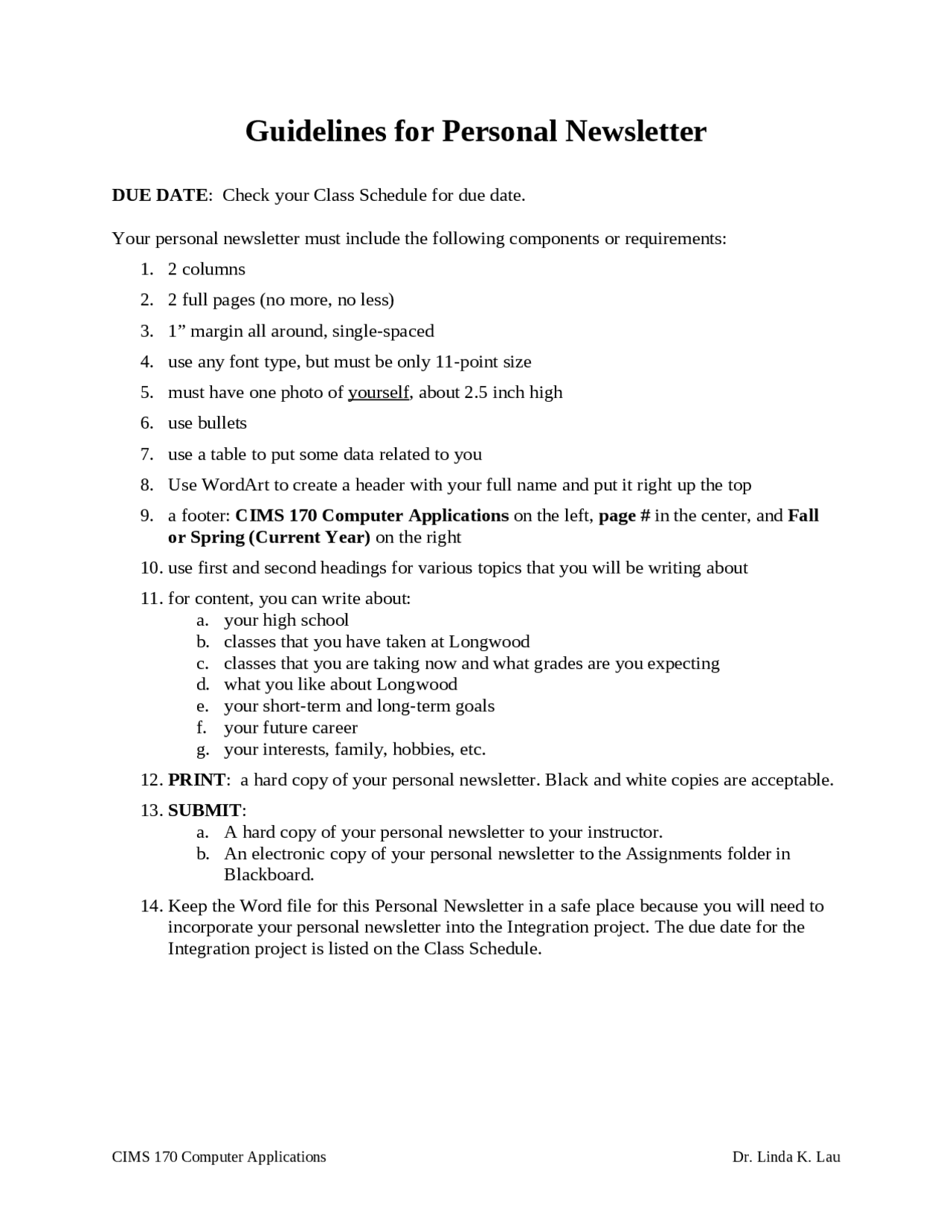 Guidelines for Personal Newsletter - Computer Applications | CIMS 170 ...