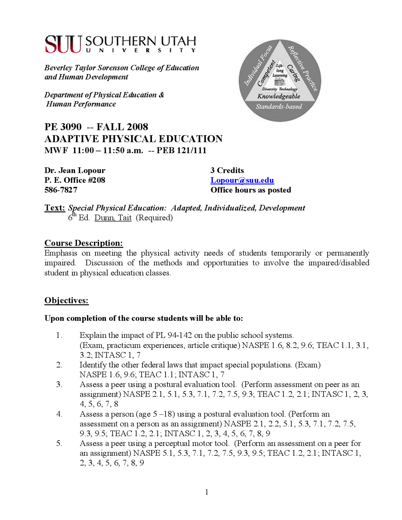 Adaptive Physical Education Course Syllabus PE 3090 Docsity